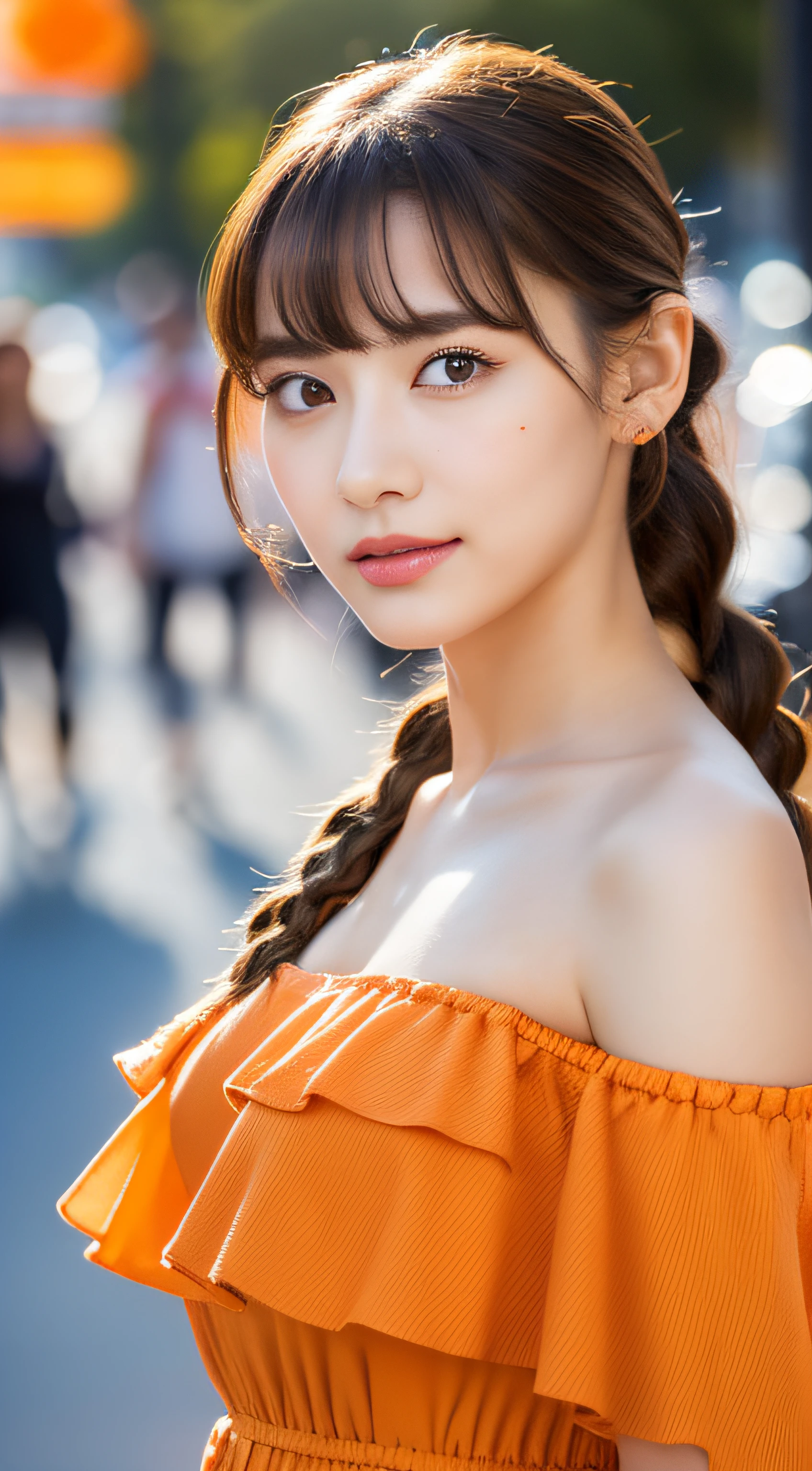 Woman posing on street corner in orange dress, Best Quality, 1girl in, large full breasts, day, Bright, blur backgroun, Bokeh, plein air, (Street:0.8), (People, Crowds:0.8), (Off shoulder dress:1.2), Gorgeous, (Braided bangs:1.2), Beautiful detailed sky, (Dynamic Pose:1.2), Soft lighting, Wind, Shiny skin, (Upper body:0.8), (freckle:0.8), mole under mouth,