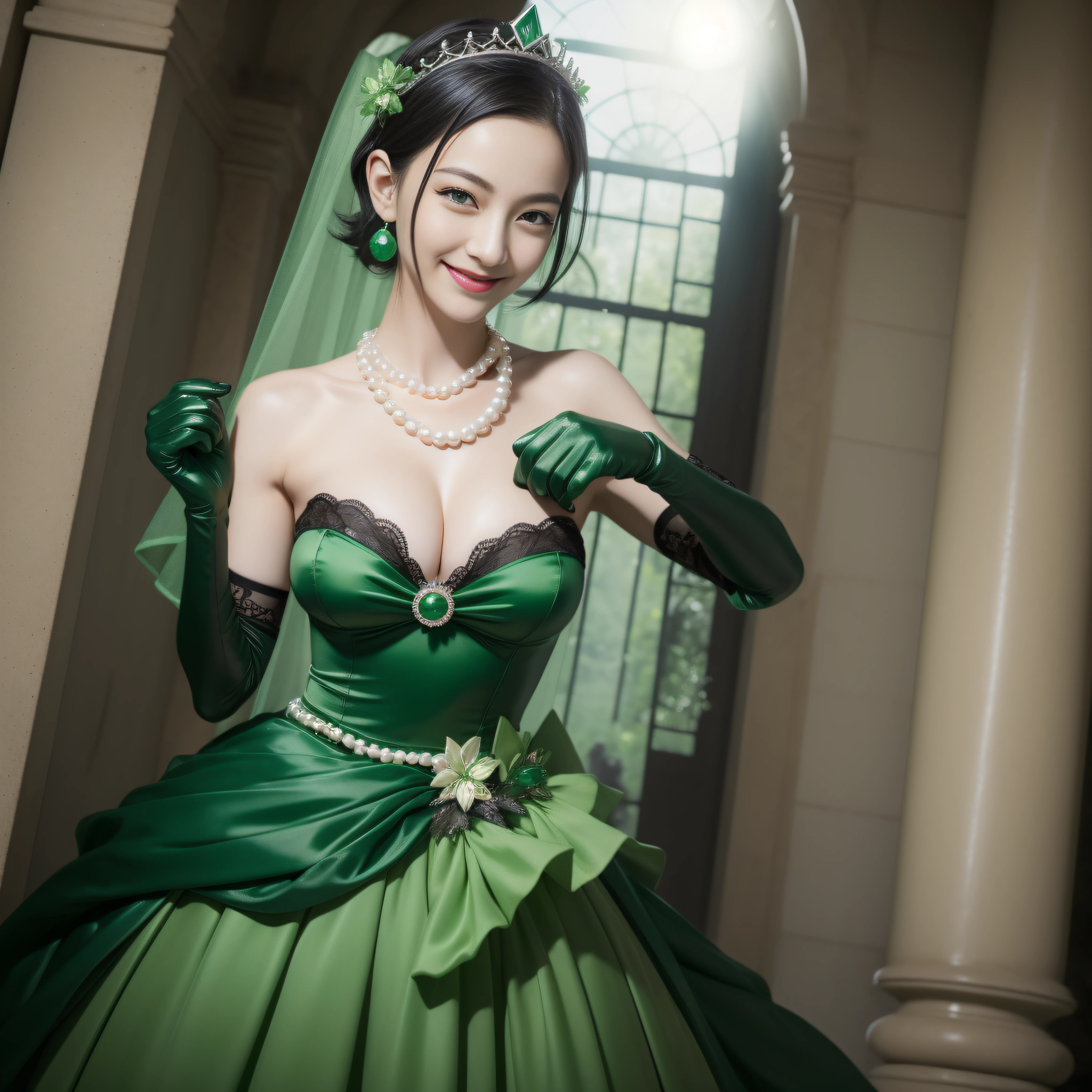 Boyish very short black hair, lipsticks, Japan woman smiling, Green Long Grove,　Emerald Tia boyish very short black hair, lipsticks, Japan woman smiling, Satin green long gloves,　emerald tiara, Pearl Necklace, verd s eyes, Green eyes, Long green gloves made of satin material, big breasts beautiful