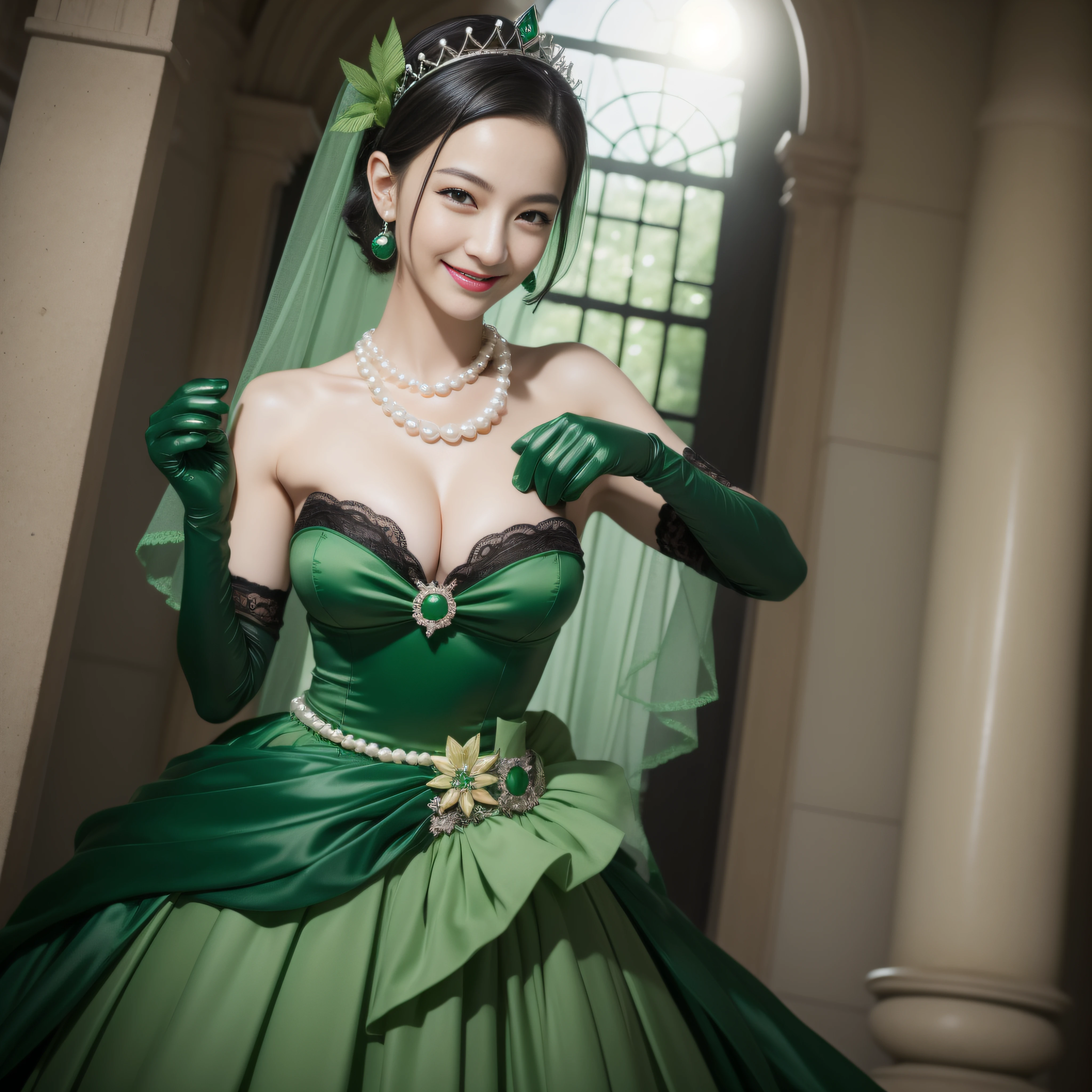 Boyish very short black hair, lipsticks, Japan woman smiling, Green Long Grove,　Emerald Tia boyish very short black hair, lipsticks, Japan woman smiling, Satin green long gloves,　emerald tiara, Pearl Necklace, verd s eyes, Green eyes, Long green gloves made of satin material, big breasts beautiful