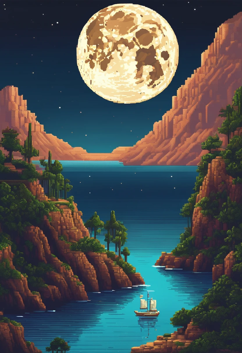 Pixel art of giant moon rising on calm sea, beautiful detailed pixel art, detailed pixel art, lo-fi retro videogame, concept pixelart, detailed pixel artwork, Pixel art style, pixel town, pixel art animation, high quality pixel art, Dolphins jump off the sea, super detailed color lowpoly art, #pixelart:3, # pixelart, #pixelart