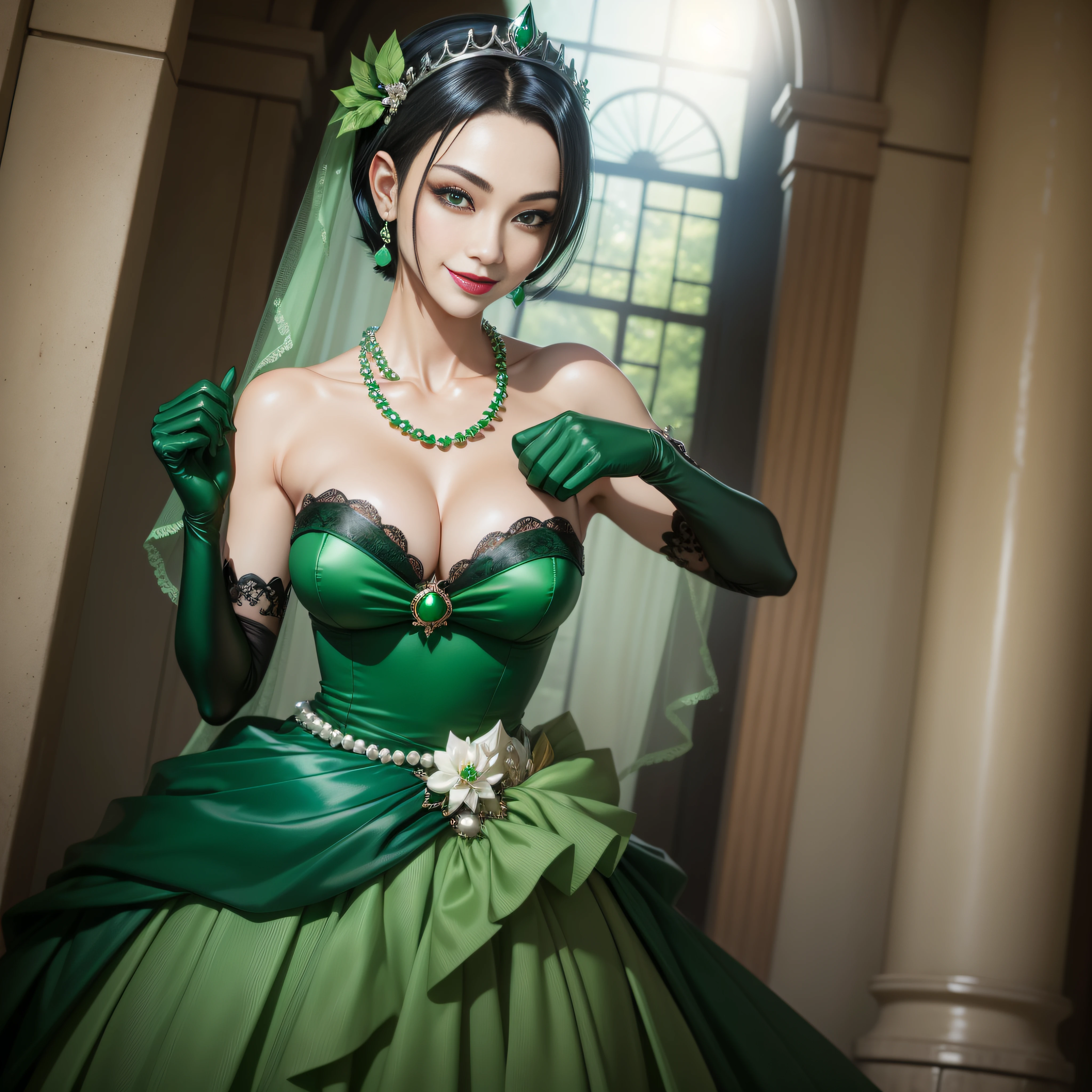 Boyish very short black hair, lipsticks, Japan woman smiling, Green Long Grove, Emerald Tia boyish very short black hair, lipsticks, Japan woman smiling, Satin Green Long Gloves, emerald tiara, Pearl Necklace, verd s eyes, Green eyes, Long green gloves made of satin material, big breasts beautiful