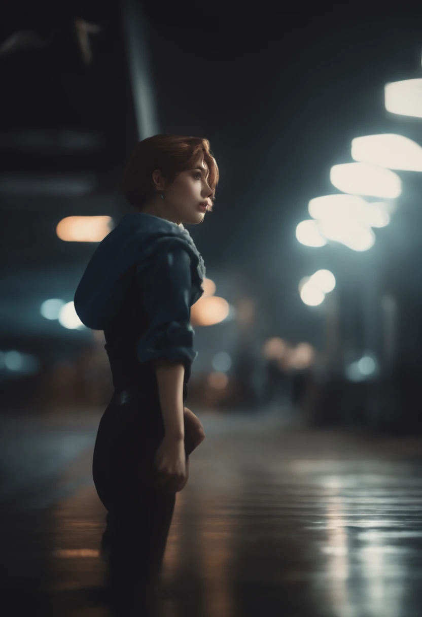 high angle camera looking down on a 24 year old british girl in a cyberpunk city street, strawberry blonde bob hair, vest top, face, headshot, looking to distance, closeup, portrait,