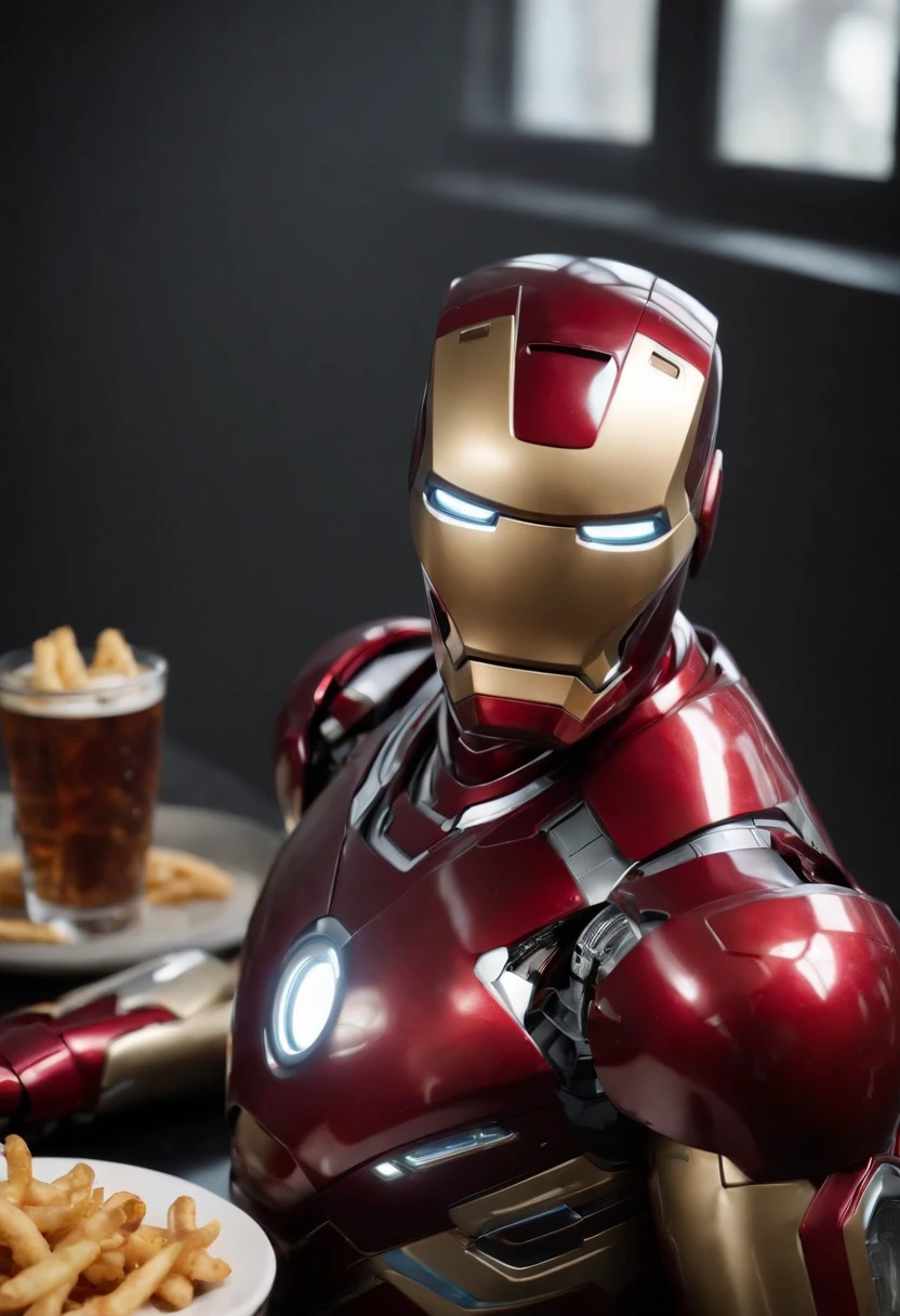 Marvel's somber half-length portrait of Iron Man behind a table with a plate of salchichas en trozos acompañado de papas fritas, with intricate angular cybernetic implants within a futuristic kitchen, cyberpunk, Foto premiada, Neon lights, cybernetic limb, obra maestra, UHD, 32K, ultrarrealista, HQ 4K, Renderizado en Unreal Engine 4K HQ, Renderizado en Unreal Engine 4K HQ, Arte conceptual 4K e hiperrealismo, Renderizado 4K detallado, Ironman, ArtStation 4K, Renderizado 4K de alto detalle, Tendencias 4K en la sede de ArtStation, Extremadamente fotorrealista