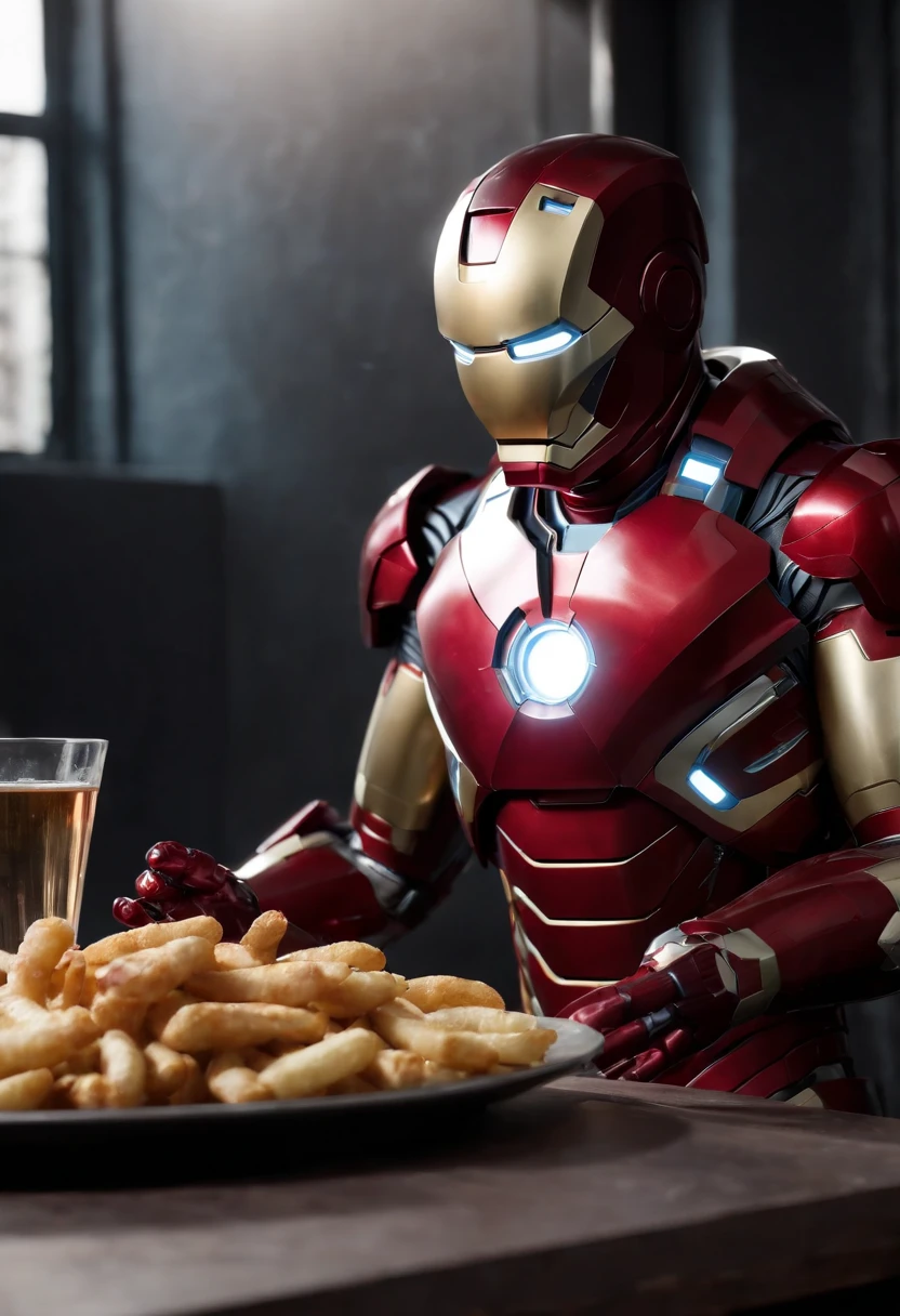 Marvel's somber half-length portrait of Iron Man behind a table with a plate of salchichas en trozos acompañado de papas fritas, with intricate angular cybernetic implants within a futuristic kitchen, cyberpunk, Foto premiada, Neon lights, cybernetic limb, obra maestra, UHD, 32K, ultrarrealista, HQ 4K, Renderizado en Unreal Engine 4K HQ, Renderizado en Unreal Engine 4K HQ, Arte conceptual 4K e hiperrealismo, Renderizado 4K detallado, Ironman, ArtStation 4K, Renderizado 4K de alto detalle, Tendencias 4K en la sede de ArtStation, Extremadamente fotorrealista