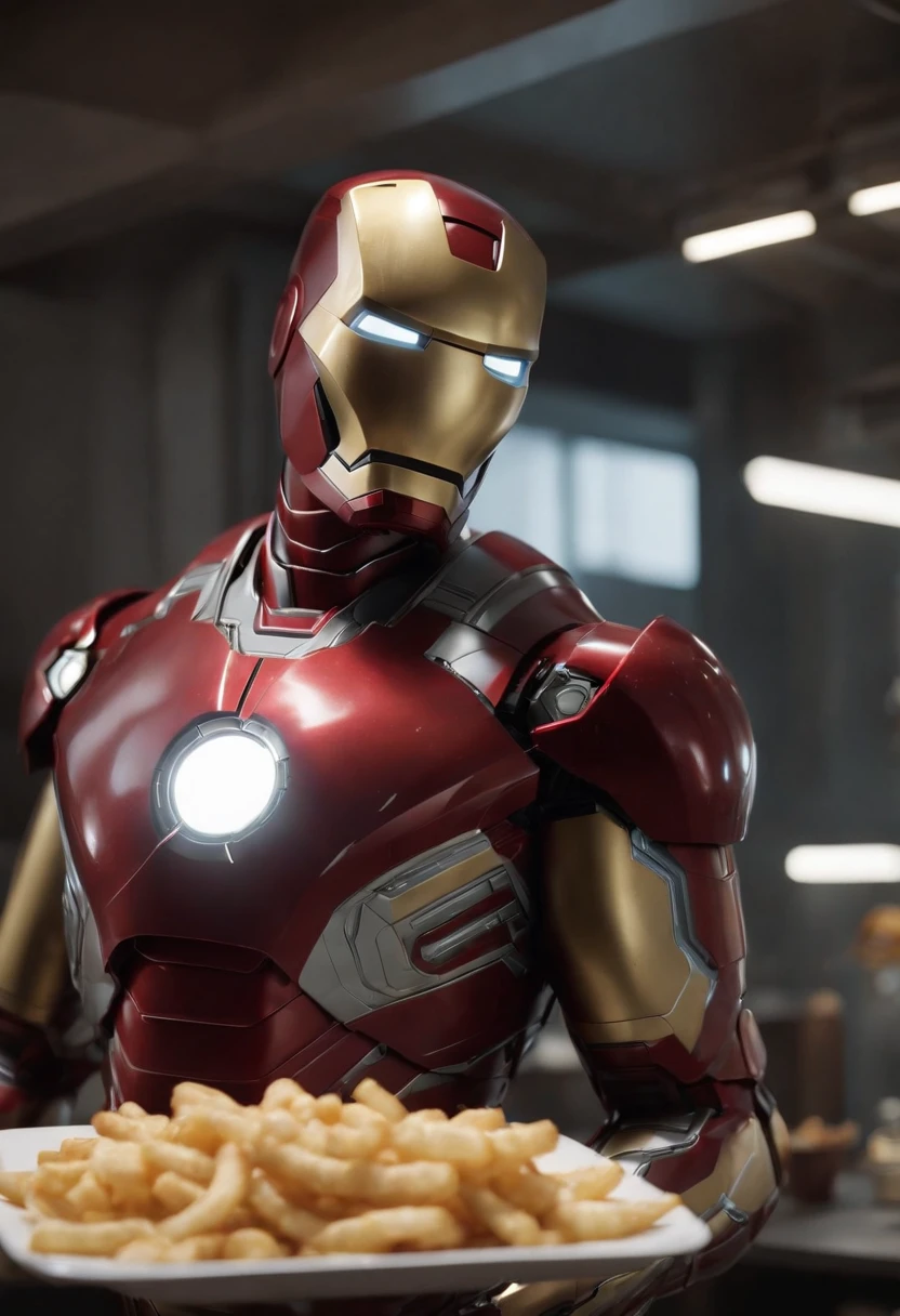 Marvel's somber half-length portrait of Iron Man behind a table with a plate of salchichas en trozos acompañado de papas fritas, with intricate angular cybernetic implants within a futuristic kitchen, cyberpunk, Foto premiada, Neon lights, cybernetic limb, obra maestra, UHD, 32K, ultrarrealista, HQ 4K, Renderizado en Unreal Engine 4K HQ, Renderizado en Unreal Engine 4K HQ, Arte conceptual 4K e hiperrealismo, Renderizado 4K detallado, Ironman, ArtStation 4K, Renderizado 4K de alto detalle, Tendencias 4K en la sede de ArtStation, Extremadamente fotorrealista