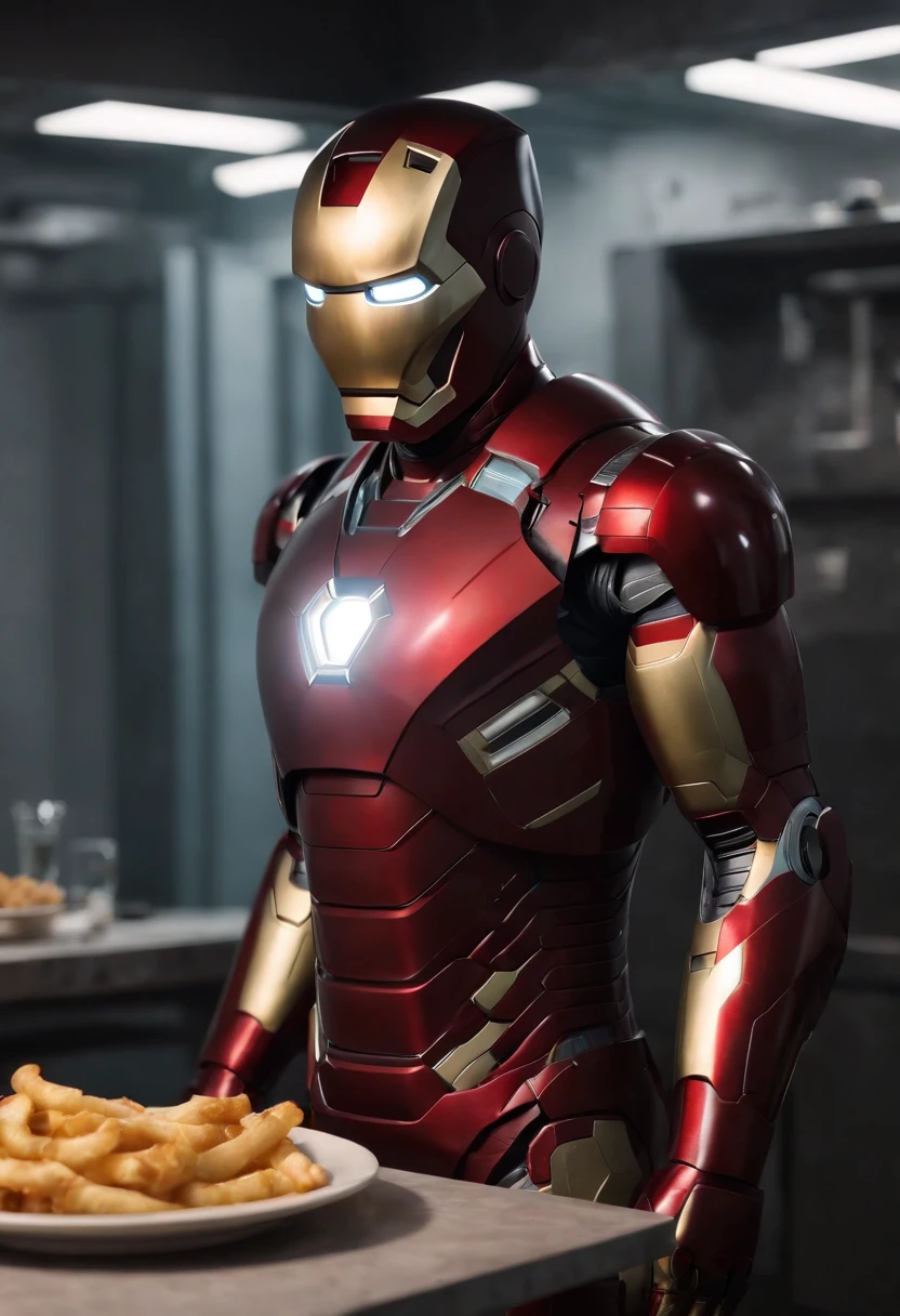 Marvel's somber half-length portrait of Iron Man behind a table with a plate of salchichas en trozos acompañado de papas fritas, with intricate angular cybernetic implants within a futuristic kitchen, cyberpunk, Foto premiada, Neon lights, cybernetic limb, obra maestra, UHD, 32K, ultrarrealista, HQ 4K, Renderizado en Unreal Engine 4K HQ, Renderizado en Unreal Engine 4K HQ, Arte conceptual 4K e hiperrealismo, Renderizado 4K detallado, Ironman, ArtStation 4K, Renderizado 4K de alto detalle, Tendencias 4K en la sede de ArtStation, Extremadamente fotorrealista