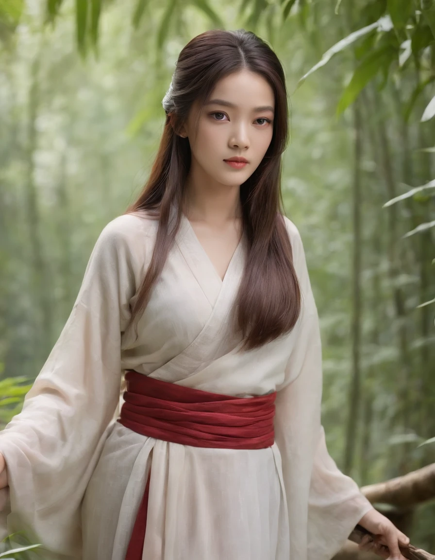 Best quality,Masterpiece,rich details,In the bamboo forest,1girll,Teenage uncensored,carismatic,Large breasts,Black eyes,Closed mouth,multicolored hair,Long hair,Straight hair,sweeping bangs,Hanfu,tang style outfits,,Turquoise blue up the mountain,The orange dragon goes up the mountain,Red busted dress,multicolour chest pleated skirt,red waistband,Purple Pipo,