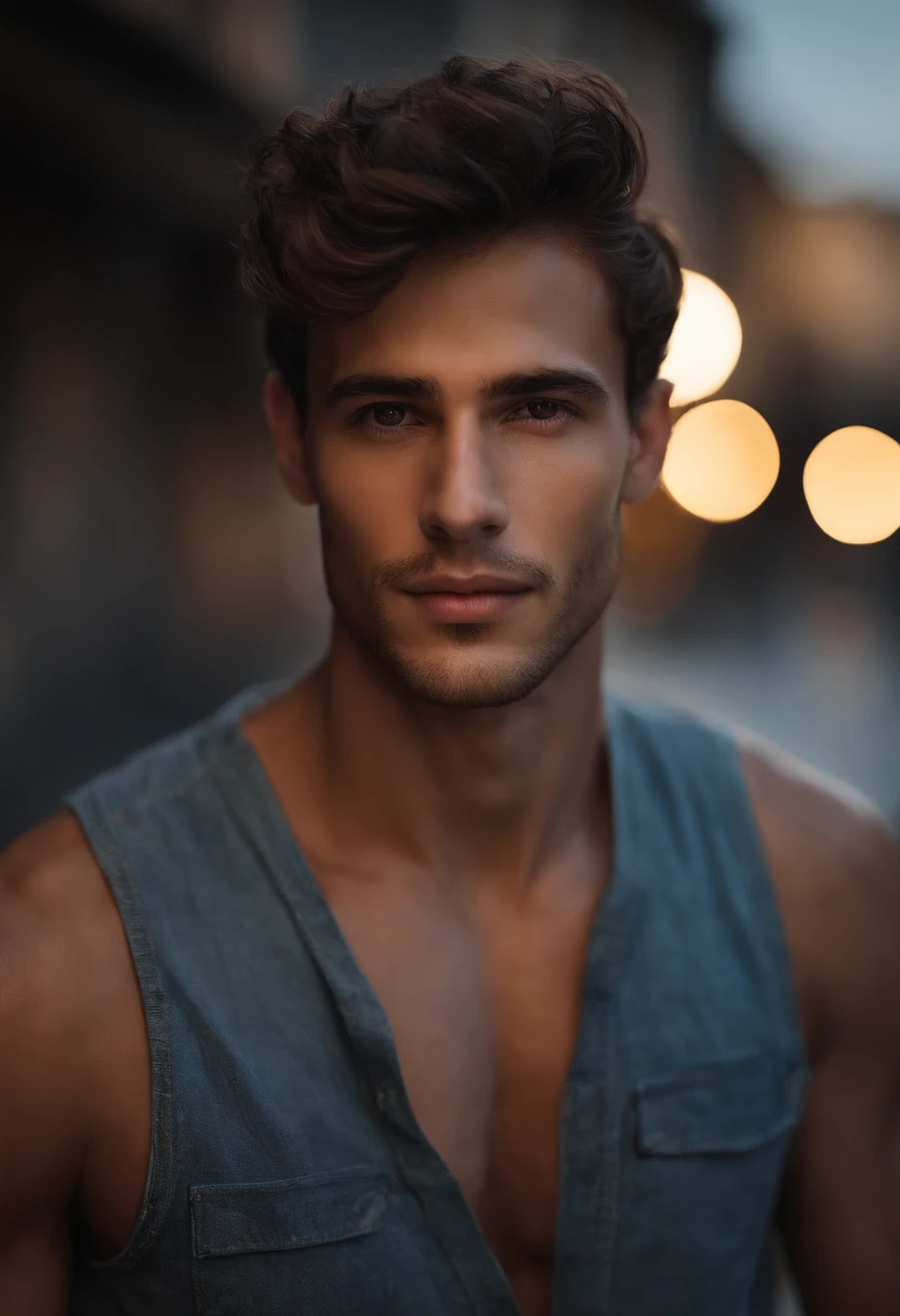 Cinematic soft lighting illuminates a beautiful Brazilian male model with stunning and ultra-realistic details，Foto de corpo inteiro da frente，olhar bonito，messy short brown hair，olhos claros de mel，Sorriso encantador perfeito，Criado sexy，Homem quente，insanamente bonito，That's the trend of ArtStation。Octane is the perfect tool to capture the softest details of this 16k photographic masterpiece。