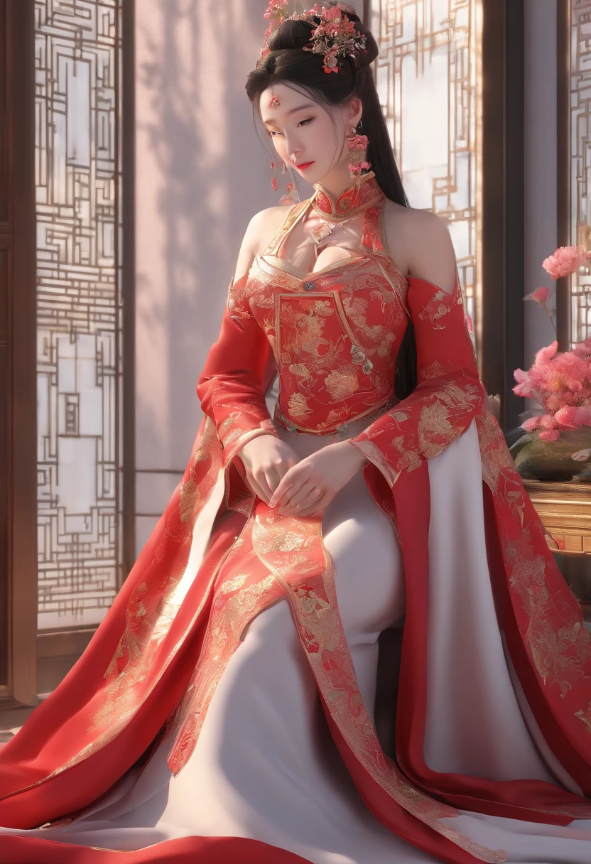The noble concubine by the window was a woman dressed in a red dress in ancient costume,Chest、Sleeves and skirts,Embroidered with moire with gold thread,Lie on your side on a soft bed,A lotus arm that bullied frost and snow supported the head of the screw,Beautiful eyes under a silver mask,Silently stared at him who came in,It's a beautiful body,Under the mask, there are two delicate little feet that are not exposed under the skirt, big breasts,