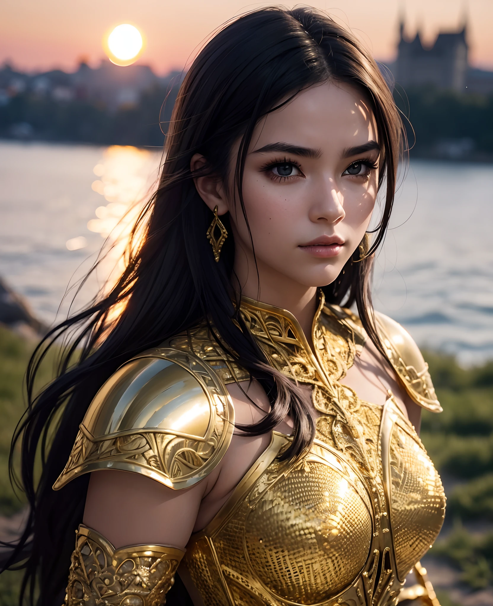 Portrait of a girl, the most beautiful in the world, (medieval gold shining armor), gold metal reflections, upper body, outdoors, intense sunlight, far away castle, professional photograph of a stunning woman detailed, perfect bobbed sexy intense black hair, sharp focus, dramatic, award winning, cinematic lighting, volumetrics dtx, (film grain, blurry background, blurry foreground, bokeh, depth of field, sunset,interaction, Perfect gold chainmail), (masterpiece), (extremely intricate:1.3), (realistic),