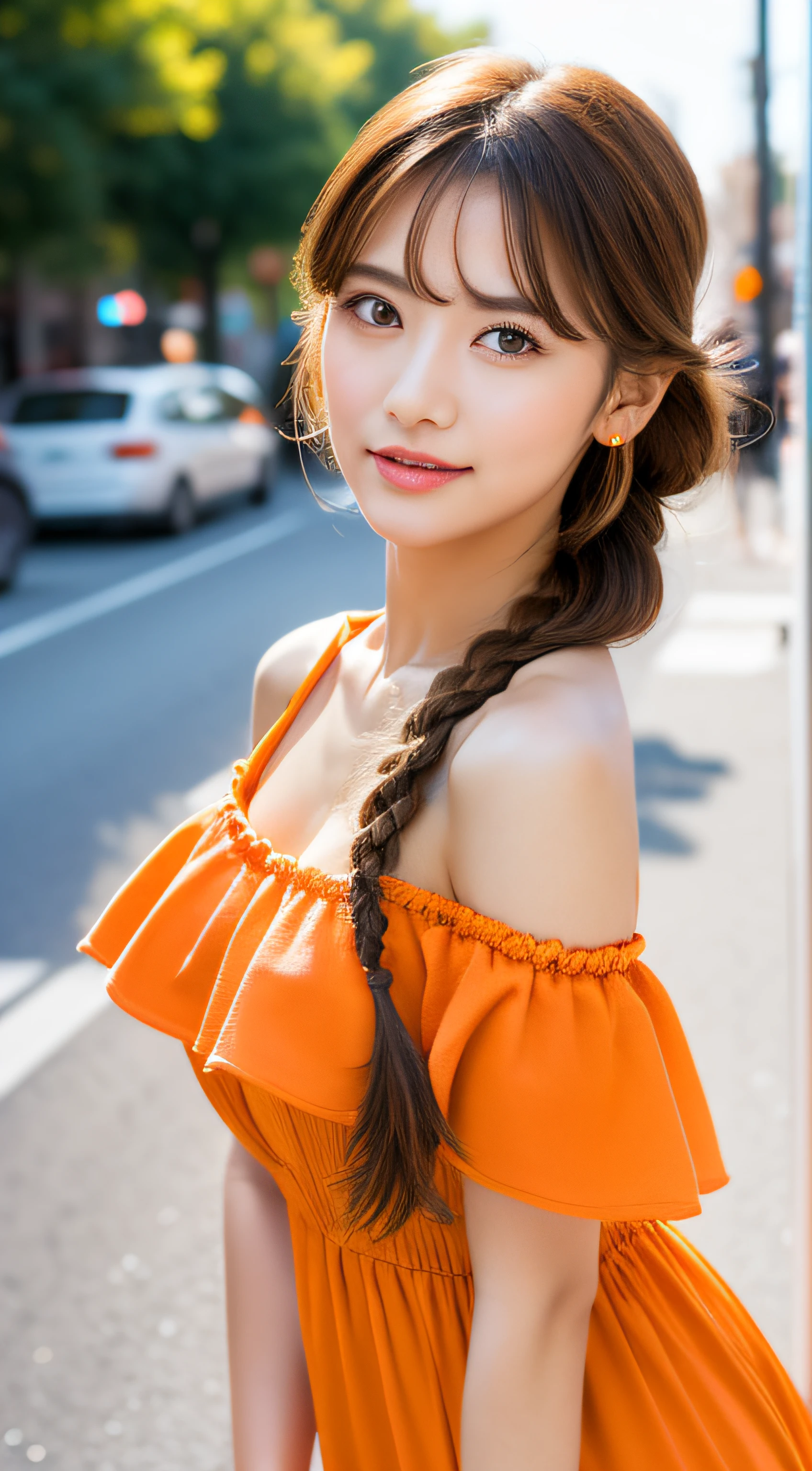 Woman posing on street corner in orange dress, Best Quality, 1girl in, large full breasts, day, Bright, blur backgroun, Bokeh, plein air, (Street:0.8), (People, Crowds:0.8), (Off shoulder dress:1.2), Gorgeous, (Braided bangs:1.2), Beautiful detailed sky, (Dynamic Pose:1.2), Soft lighting, Wind, Shiny skin, (Upper body:0.8), (freckle:0.8), mole under mouth,