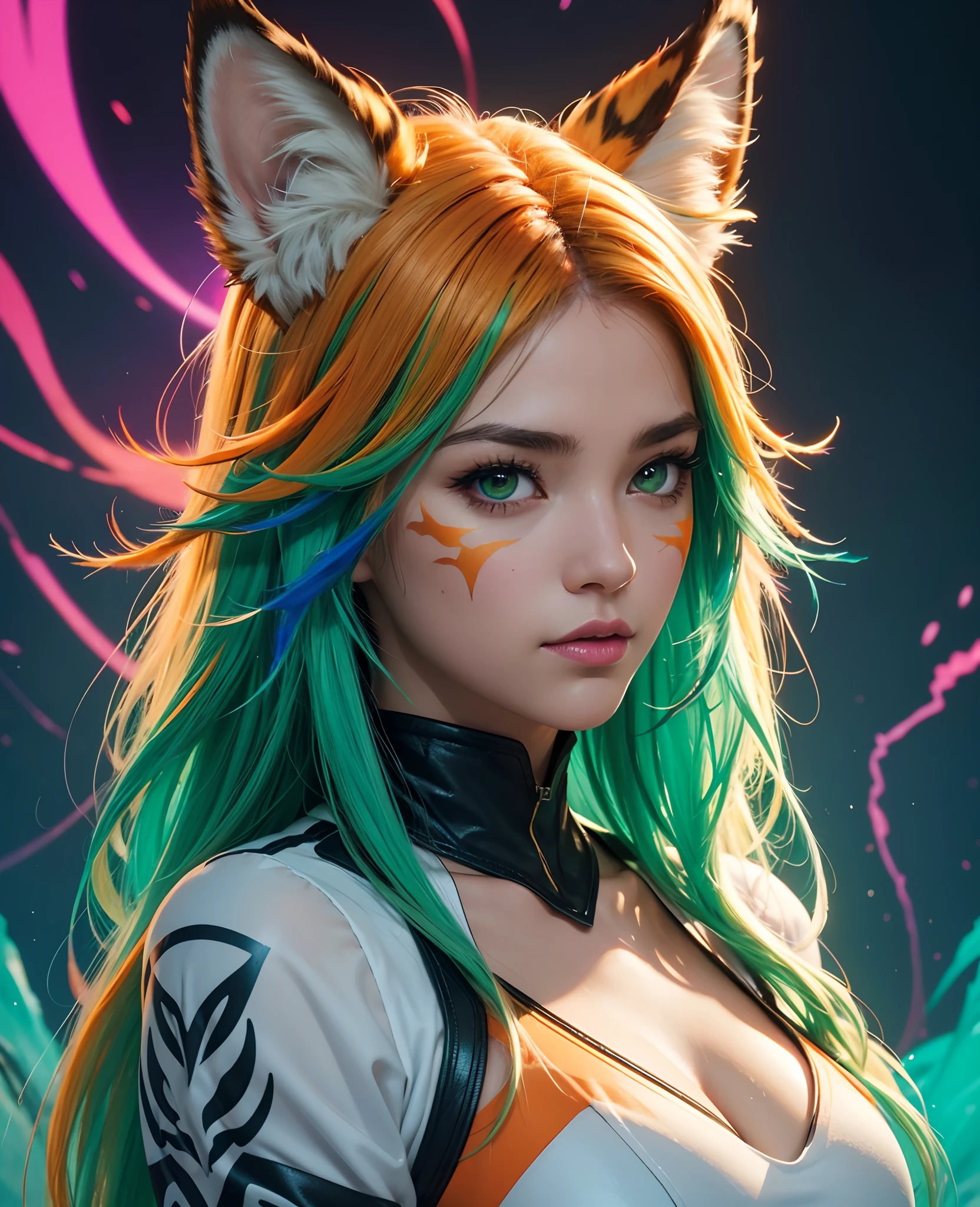 (masterpiece:1.1), (highest quality:1.1), (HDR:1.0), extreme quality, cg, (negative space), detailed face+eyes, 1girl, fox ears, animal ear fluff, (plants:1.18), (fractal art), (bright colors), splashes of color background, colors mashing, paint splatter, complimentary colors, neon, (thunder tiger), compassionate, electric, limited palette, synthwave, fine art, tan skin, upper body, (green and orange:1.2), time stop, sy3, SMM