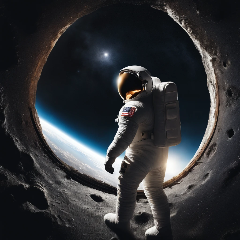 In the vast expanse of space, an astronaut wearing a spacesuit stands in front of a black hole. In a weightless state, meteorites float around. It has surrealism, ultra wide angle photography, official art, 8k, realism, best quality complex details, strong edge light, dusk backlight, extremely detailed and complex detail masterpieces, RAW photos, fine details, clear focus, high resolution