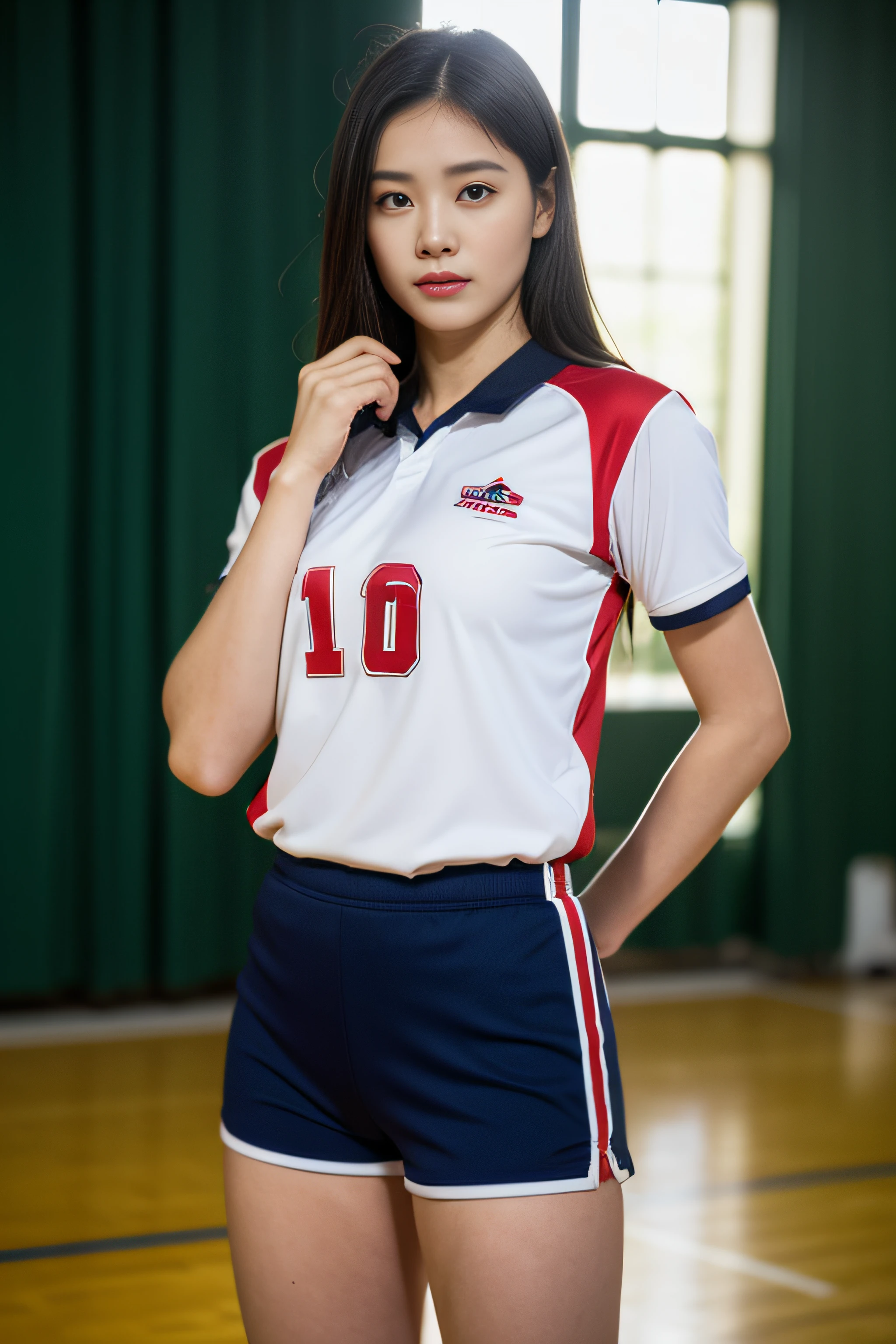 (Photoreal: 1.4), (Hyper-realistic: 1.4), (Realistic: 1.3), (Smooth lighting: 1.05), (Improved cinematic lighting: 0.9), 32K, 1 girl, 20 year old girl, Realistic lighting, Backlight, Face Light, raytrace, (Whitening light: 1.2), (Image enhancement: 1.4), ( Top quality real skins: 1.4), Narrow eyes, Fine face, Narrow eyes, (Body Line Mood Increase: 1.1), Oversized breasts, Big, (Skin Texture Enhancement Beauty: 1.1),Volleyball uniform:1.4, Indoor_Volleyball_court_Background:1.4, thighs thighs thighs thighs, Protruding , Crotch