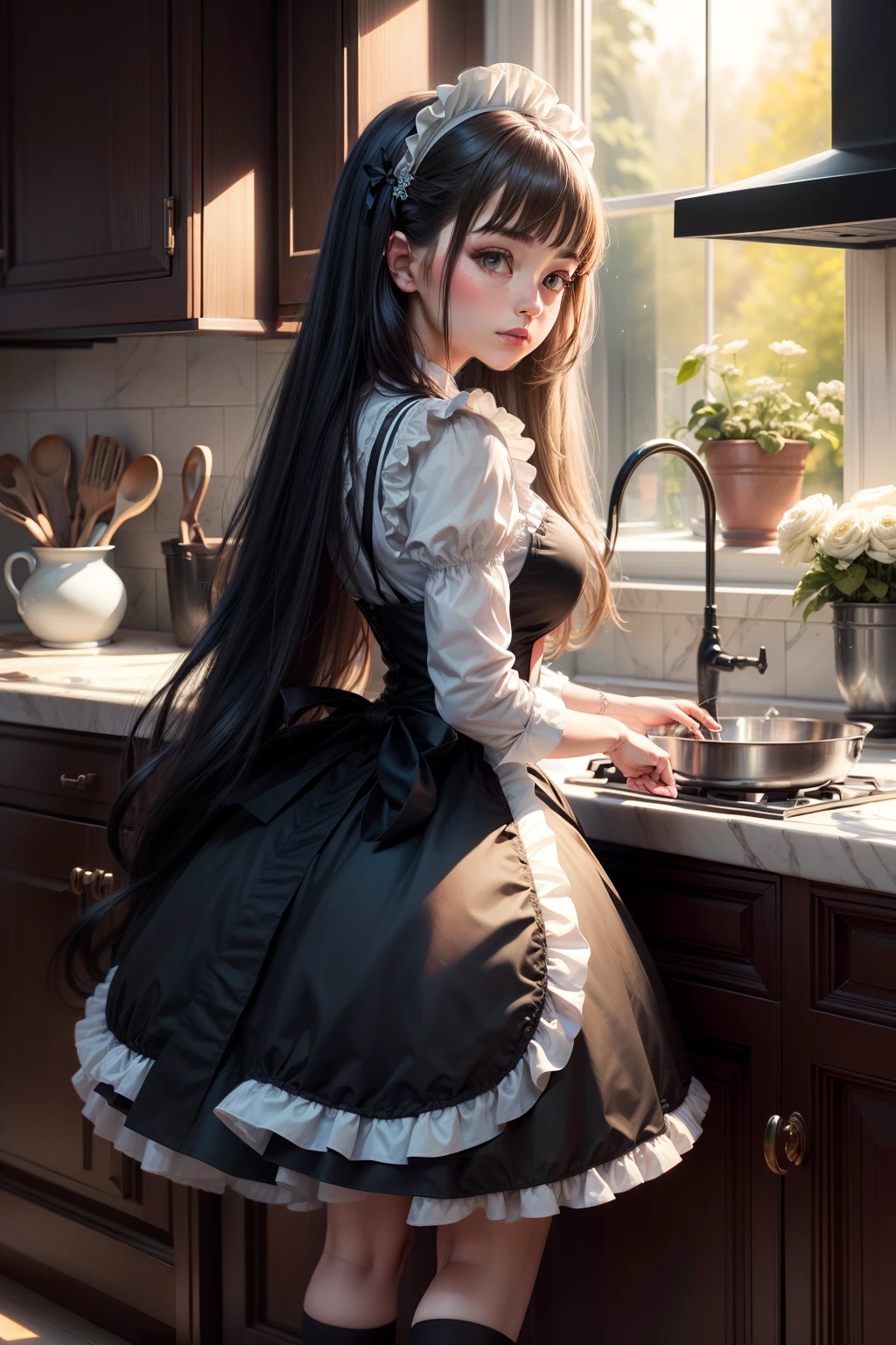 1 girl,long hair,maid costume,black dress,crinoline,apron,stockings,black pumps,kitchen backdrop,masterpiece:1.2,ultra-detailed,photorealistic,vivid colors,portrait,soft lighting