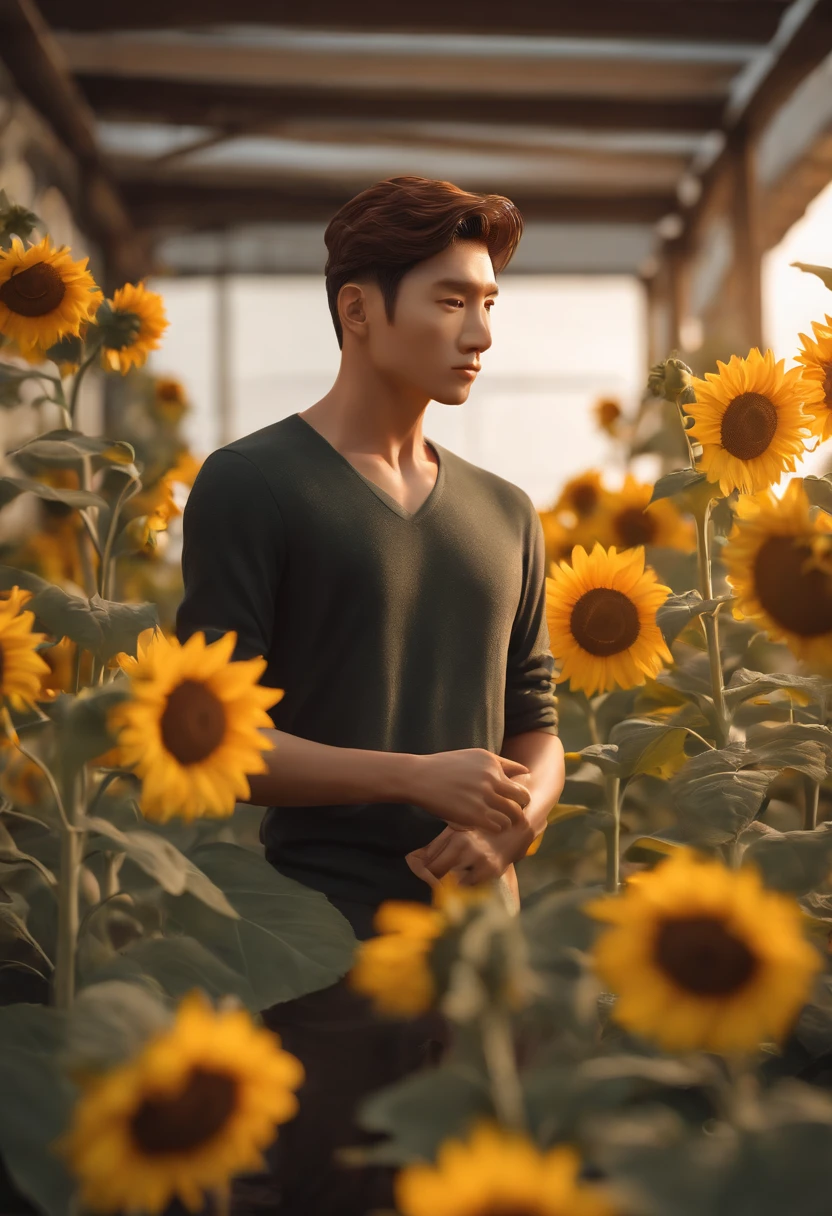 ((High image quality)), showing strong abdominal muscles, blonde mixed race foreign blue-eyed teenage boy, sunflower field, sunny.