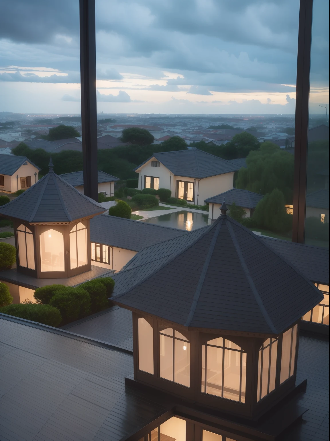 Rainy sky,dark stormy clouds,Hilltop pavilions,Close-up,floor to ceiling window,sofe,Beautiful artistic conception,rich details,Award-winning photography,High-density imaging,depth of fields,tmasterpiece,Best quality at best,16k wallpaper
