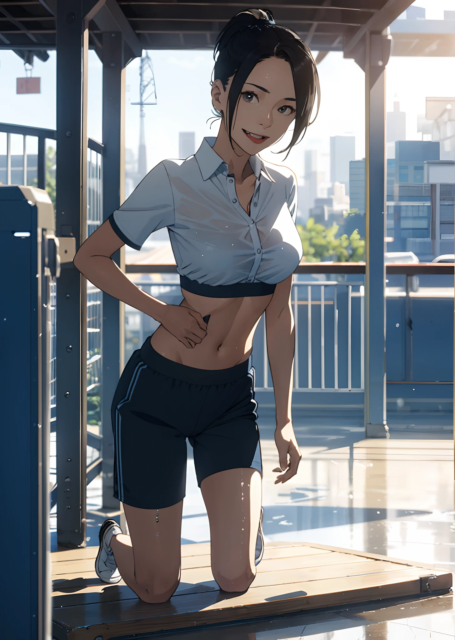 one-girl,Kneeling on the playground after school,((with whole body visible)),far from viewer。 She is a beauty,prette,adolable,adolable,年轻,Teenage uncensored。 She's slim,slim,petite,being thin,(Bigboobs),(Large breasts)。 She was sweating,Wet pubic hair,drenched all over the body。clothes see-through,Sweat on the skin,Wet hair。 She grinned,Laughing。She looks natural,unwind,Plain。 Scheming face。Grimacing。(Stick out her tongue),Tell a secret,Hide a secret,is shy,exhilarated。 She stared at the audience。 She wears a black ponytail。 she wears a school uniform,A rolled up white shirt with a blue collar,Wear a colored corduroy sports bra under the shirt,blue short pants,Wear two layers。 Shirtlift,.((((She lifted her shirt,Reveal the sports bra underneath)))。 The camera focuses on her face,light shining on face,Very large aperture,((f/1.2)),with a shallow depth of field,The background lens is blurry strongly,ISO 3000,automatic white balance, extremely detaile,profesional lighting,the soft light,RAW photogr,Uniqlo fashion model, best qualtiy, tmasterpiece, Award-winning photography, hugefilesize, 8k, A high resolution, Shot on a Sony DSLR。