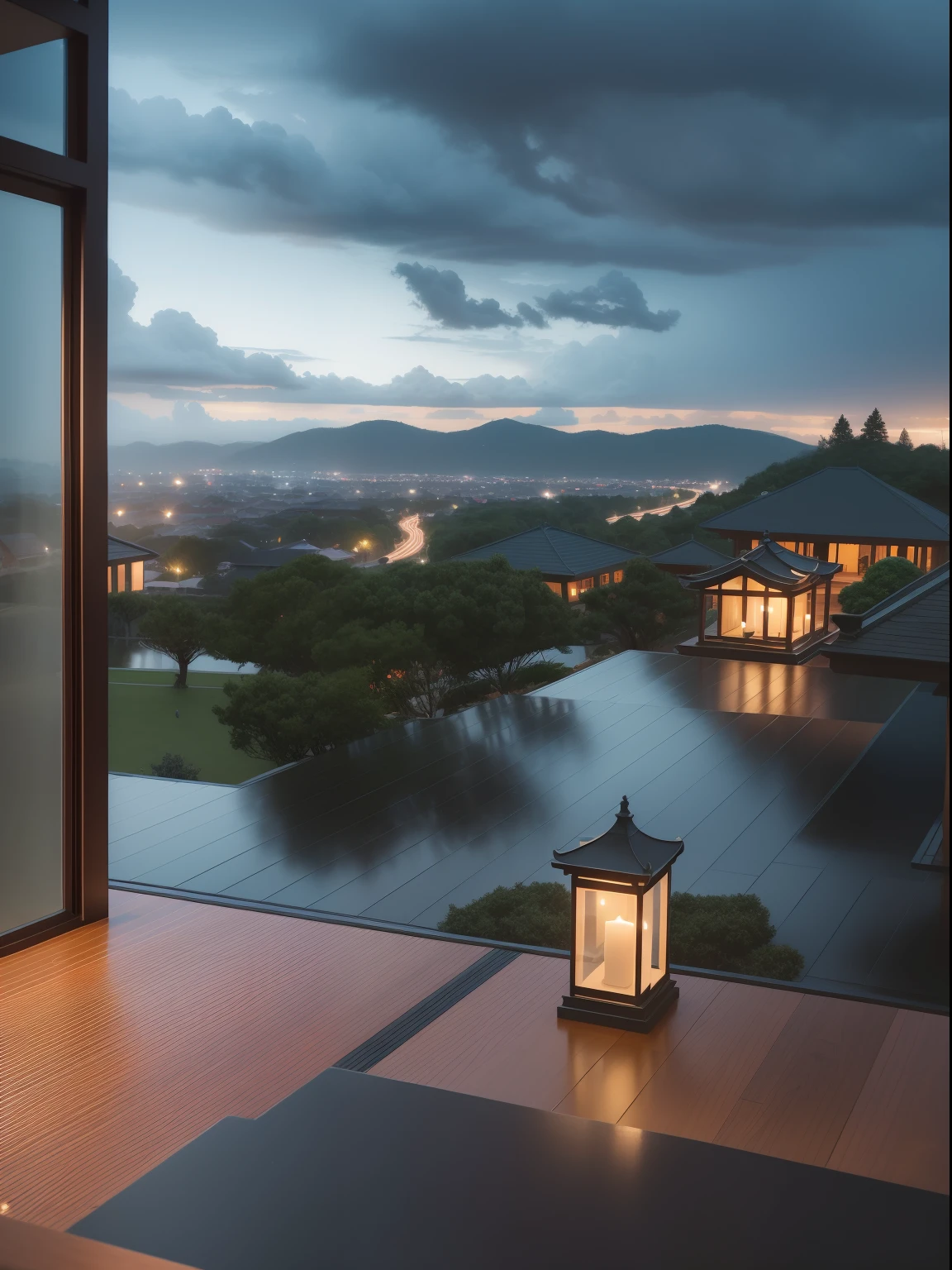 Rainy sky,dark stormy clouds,Hilltop pavilions,Close-up,floor to ceiling window,sofe,Beautiful artistic conception,rich details,Award-winning photography,High-density imaging,depth of fields,tmasterpiece,Best quality at best,16k wallpaper