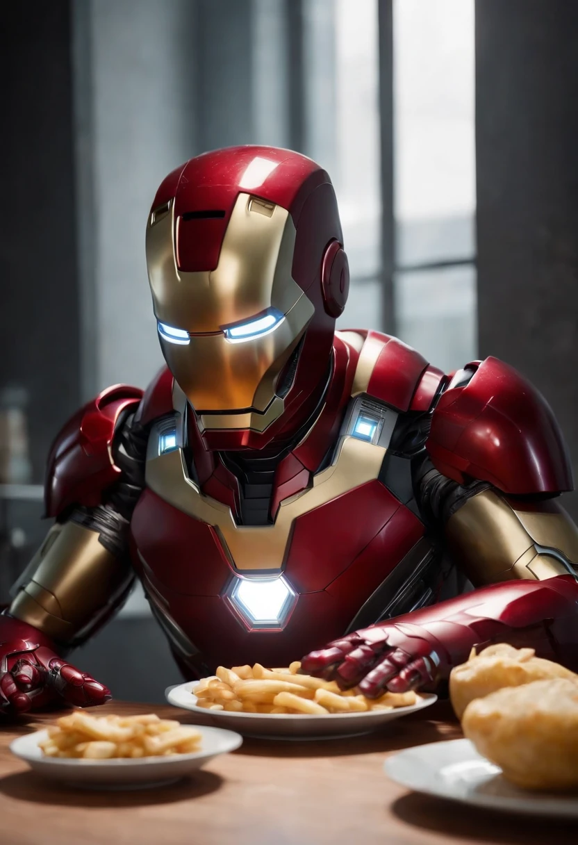 Marvel's somber half-length portrait of Iron Man behind a table with a plate of salchichas en trozos acompañado de papas fritas, with intricate angular cybernetic implants within a futuristic kitchen, cyberpunk, Foto premiada, Neon lights, cybernetic limb, obra maestra, UHD, 32K, ultrarrealista, HQ 4K, Renderizado en Unreal Engine 4K HQ, Renderizado en Unreal Engine 4K HQ, Arte conceptual 4K e hiperrealismo, Renderizado 4K detallado, Ironman, ArtStation 4K, Renderizado 4K de alto detalle, Tendencias 4K en la sede de ArtStation, Extremadamente fotorrealista