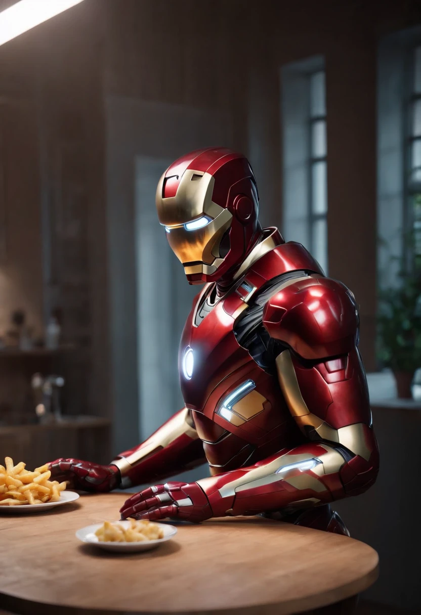 Marvel's somber half-length portrait of Iron Man behind a table with a plate of salchichas en trozos acompañado de papas fritas, with intricate angular cybernetic implants within a futuristic kitchen, cyberpunk, Foto premiada, Neon lights, cybernetic limb, obra maestra, UHD, 32K, ultrarrealista, HQ 4K, Renderizado en Unreal Engine 4K HQ, Renderizado en Unreal Engine 4K HQ, Arte conceptual 4K e hiperrealismo, Renderizado 4K detallado, Ironman, ArtStation 4K, Renderizado 4K de alto detalle, Tendencias 4K en la sede de ArtStation, Extremadamente fotorrealista