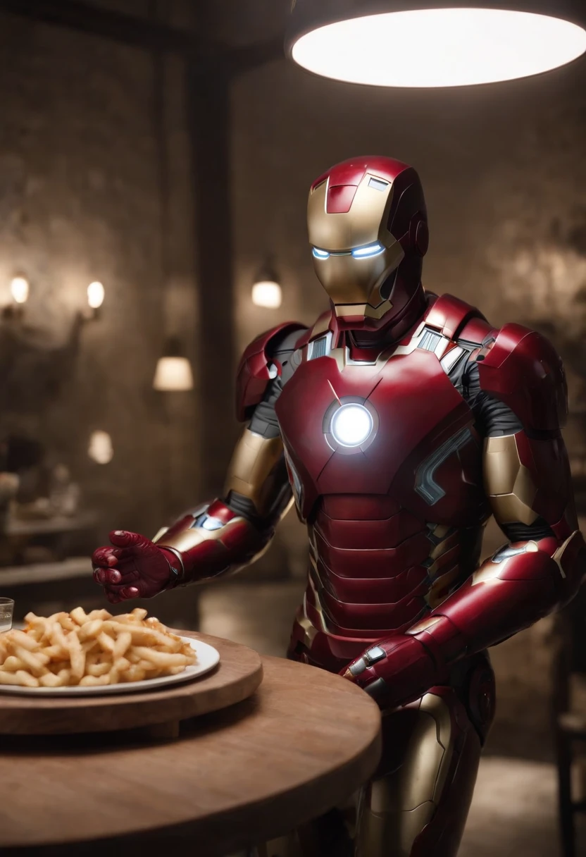 Marvel's somber half-length portrait of Iron Man behind a table with a plate of salchichas en trozos acompañado de papas fritas, with intricate angular cybernetic implants within a futuristic kitchen, cyberpunk, Foto premiada, Neon lights, cybernetic limb, obra maestra, UHD, 32K, ultrarrealista, HQ 4K, Renderizado en Unreal Engine 4K HQ, Renderizado en Unreal Engine 4K HQ, Arte conceptual 4K e hiperrealismo, Renderizado 4K detallado, Ironman, ArtStation 4K, Renderizado 4K de alto detalle, Tendencias 4K en la sede de ArtStation, Extremadamente fotorrealista