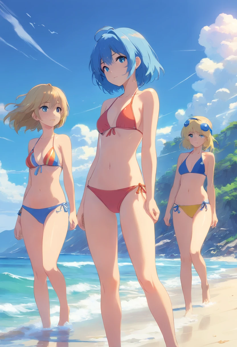 3 Girls Blue Hair, Blond, Bikini, am Strand 8k, super detailliert, Precise , best qulaity