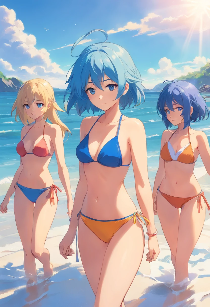 3 Girls Blue Hair, Blond, Bikini, am Strand 8k, super detailliert, Precise , best qulaity