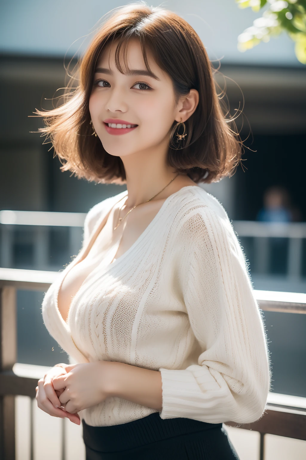 NSFW, 8k RAW photo, Best Quality, ((masutepiece)), 超A high resolution, Film grain, filmg,( 20yr old, Slender face, 1girl in, slanted eye, eyesight, long eyelashes, Eye Highlights), Looking at Viewer, Natural Skin Texture, A perfectly proportioned face, realistic eyes and face details, Full lips, lip stick, (makeup), Red eyeshadow, Perm Hair, Fluffy short hair, hair messy, Smile, closes mouth, Beautiful legs, Tall lady, skinny, slim_Legs, Solo, huge-breasted, cleavage, Ultra short skirt, Ass, Shirt, (Urban Location), (Detailed background), ((White long-sleeved knit)), huge-breasted, cleavage, lowfers, Blurry background, Blurry, Short sleeves, Brown hair, Bangs, a necklace, Parted lips, Lips, From Side, depth of fields