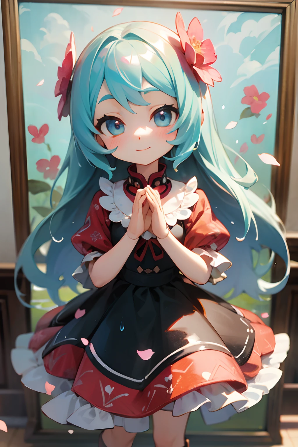 photoRealstic、Doll standing in front of the painting(nendroid)、A smile、Water droplets on the cheeks、Make a heart with both hands in a cute pose、watercolor Nendoroid、(High Definition Figure)、Flowing iridescent silk、up of face、Eye Up、Colorcon with heart pattern、Floral dress、There are also flowers in front of the nendroids、flower petals、season!!: 夏天☀ 🍂