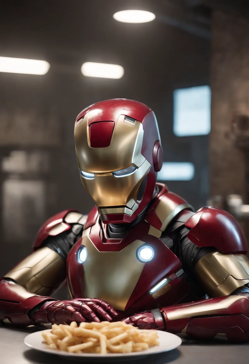 Marvel's somber half-length portrait of Iron Man behind a table with a plate of salchichas en trozos acompañado de papas fritas, with intricate angular cybernetic implants within a futuristic kitchen, cyberpunk, Foto premiada, Neon lights, cybernetic limb, obra maestra, UHD, 32K, ultrarrealista, HQ 4K, Renderizado en Unreal Engine 4K HQ, Renderizado en Unreal Engine 4K HQ, Arte conceptual 4K e hiperrealismo, Renderizado 4K detallado, Ironman, ArtStation 4K, Renderizado 4K de alto detalle, Tendencias 4K en la sede de ArtStation, Extremadamente fotorrealista