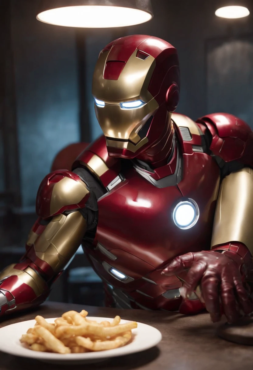 Marvel's somber half-length portrait of Iron Man behind a table with a plate of salchichas en trozos acompañado de papas fritas, with intricate angular cybernetic implants within a futuristic kitchen, cyberpunk, Foto premiada, Neon lights, cybernetic limb, obra maestra, UHD, 32K, ultrarrealista, HQ 4K, Renderizado en Unreal Engine 4K HQ, Renderizado en Unreal Engine 4K HQ, Arte conceptual 4K e hiperrealismo, Renderizado 4K detallado, Ironman, ArtStation 4K, Renderizado 4K de alto detalle, Tendencias 4K en la sede de ArtStation, Extremadamente fotorrealista
