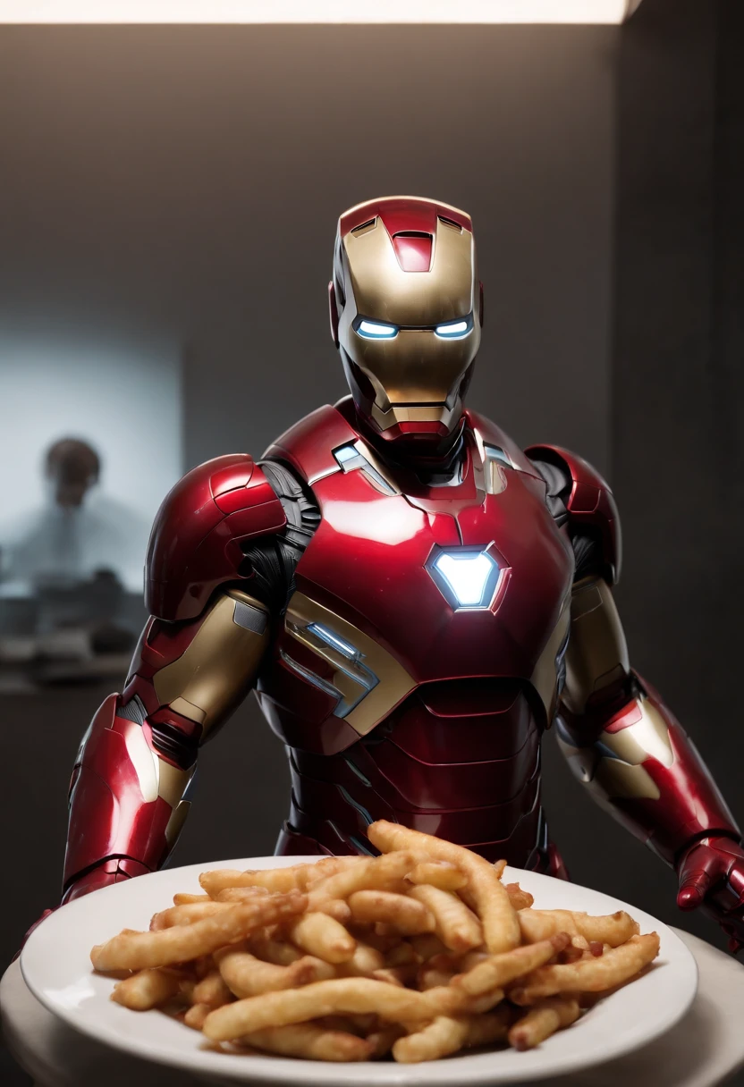 Marvel's somber half-length portrait of Iron Man behind a table with a plate of salchichas en trozos acompañado de papas fritas, with intricate angular cybernetic implants within a futuristic kitchen, cyberpunk, Foto premiada, Neon lights, cybernetic limb, obra maestra, UHD, 32K, ultrarrealista, HQ 4K, Renderizado en Unreal Engine 4K HQ, Renderizado en Unreal Engine 4K HQ, Arte conceptual 4K e hiperrealismo, Renderizado 4K detallado, Ironman, ArtStation 4K, Renderizado 4K de alto detalle, Tendencias 4K en la sede de ArtStation, Extremadamente fotorrealista