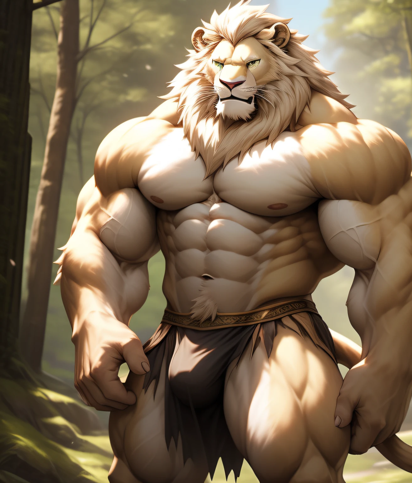 nj5furry, (albino lion, massive, huge), albino lion, ((extremely realistic shadows, masterpiece, extremely detailed, photorealistic)), kemono, lion, green eyes, ((detailed eyes)) luminescence in his eyes, wearing a small loincloth of torn fabric revealing huge muscular thighs, bulge in the crotch, mountain forest. Height 185 cm, the optimal height, tight clothing, body full of muscles; bulge pecs, ripped abs, V-shaped body, thick waist, long legs, strong arms manly, handsome face, attractive cool calm face type with a cold smile, topless.