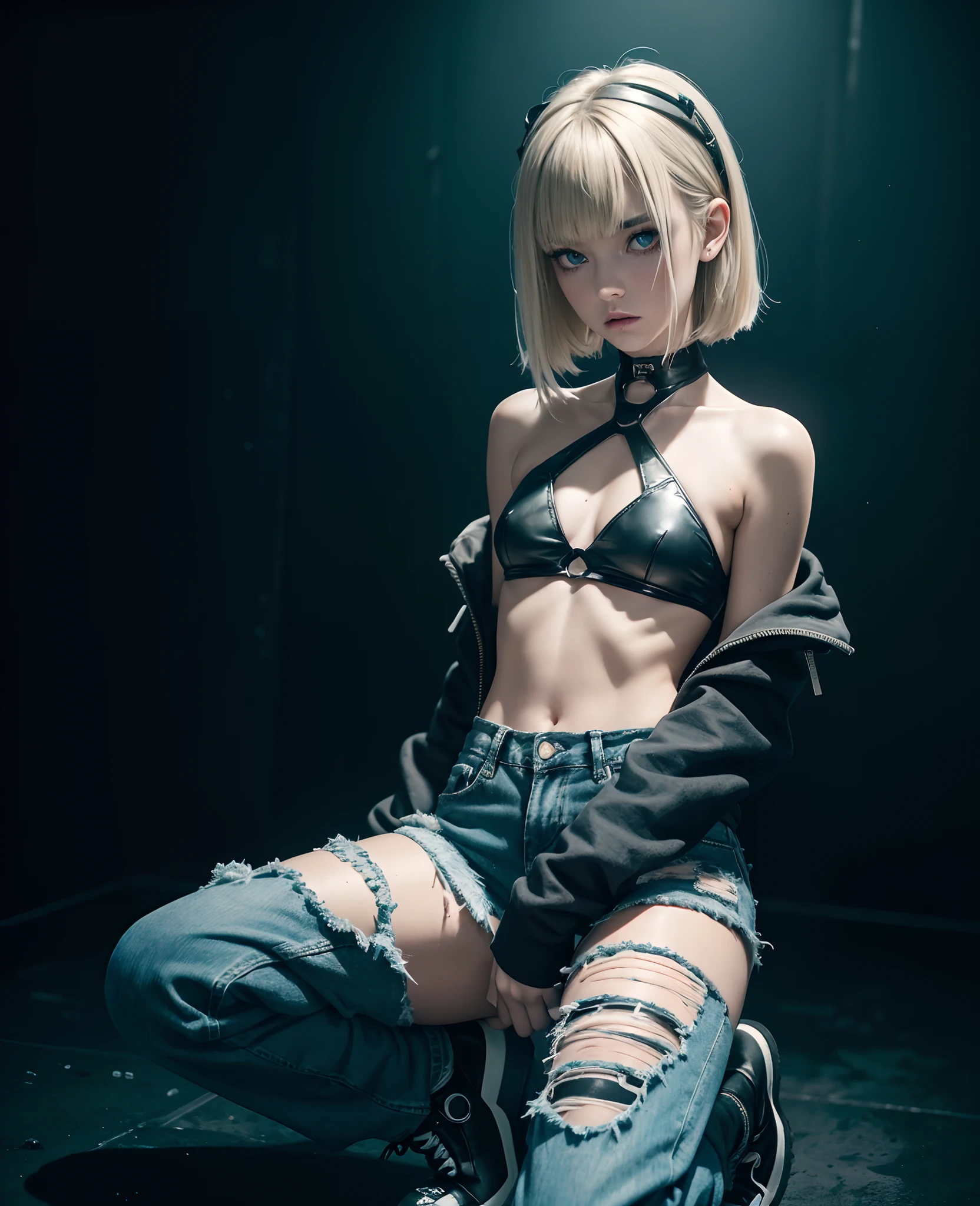 RAW photo, (goth girl), (style of Man Ray:1.4), eerie, dark theme, horror, unsettling, Amusement, Distressed jeans, band hoodie, and platform sneakers, sam yang, Fringe cut, Dirty blonde hair color, Metallic silver eyeshadow with a pop of color, Rectangle-shaped (straight and balanced with minimal waist definition), Deep underwater scene with bioluminescent creatures, detailed skin, skin blemish, sharp focus, beautiful eyes, (analog style:1.2), (film grain:1.2), (high detailed skin:1.2), 8k uhd, dslr, soft lighting, high quality, film grain, Fujifilm XT3, perfect lighting, perfect shading,