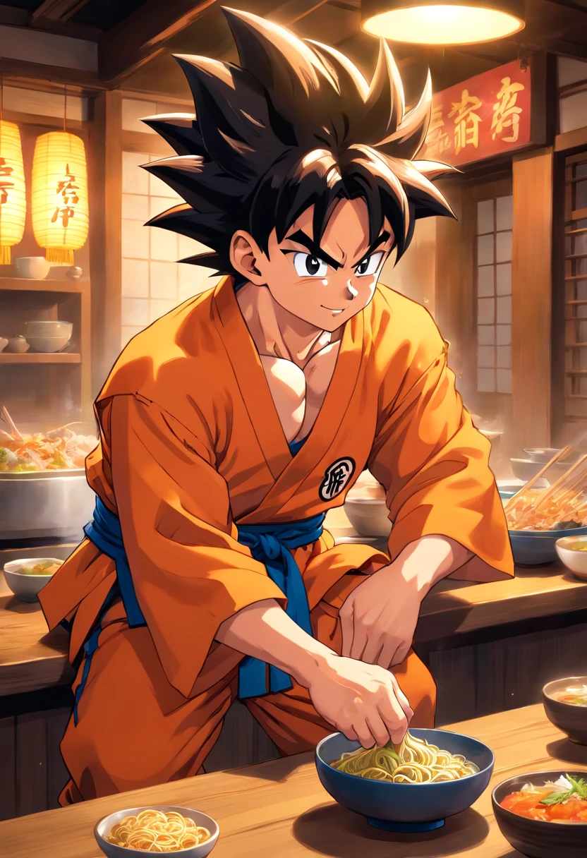 Dragon Ball Goku,ape, Full body portrait,of a real,Facial features are carefully drawn,Realistic skin texture,Dark style,depth of fields,highlight,Real Light,Ray traching,OC rendering,Hyper-realistic,best qualtiy,8K,Works of masters,super-fine,Detailed pubic hair,Correct anatomy,sharp focus on eyes,Facial features are carefully drawn. Goku enjoying Chinese noodles at a restaurant" Description: In a cozy restaurant with an oriental atmosphere, Goku, Famous Saiyan warriors, It is located in the kitchen, Surrounded by a delicious aroma. Dressed in his iconic martial arts uniform, Goku sits on a high stool in front of the kitchen counter.. Steaming Chinese noodles are placed in front of you, While dexterously holding chopsticks. With an expectant smile, Goku eagerly sets off to taste the noodles. His fellow Z warriors meet at a nearby table, Amused and observant encounters with terrestrial cuisine. Behind him, Restaurant Chef, Dressed in traditional uniform, They while he enjoys the meal、Watch with admiration the legendary fighter. The atmosphere is full of warmth and camaraderie, Despite the epic adventures that Goku and his friends face regularly. Soft lighting complements the scene, Make the colors of the ingredients and the decorations of the store shine with a cozy brightness.. This image is、It captures an unusual and relaxing moment in Goku's life, While enjoying a simple meal in the midst of his amazing achievements、Shows his most human side.