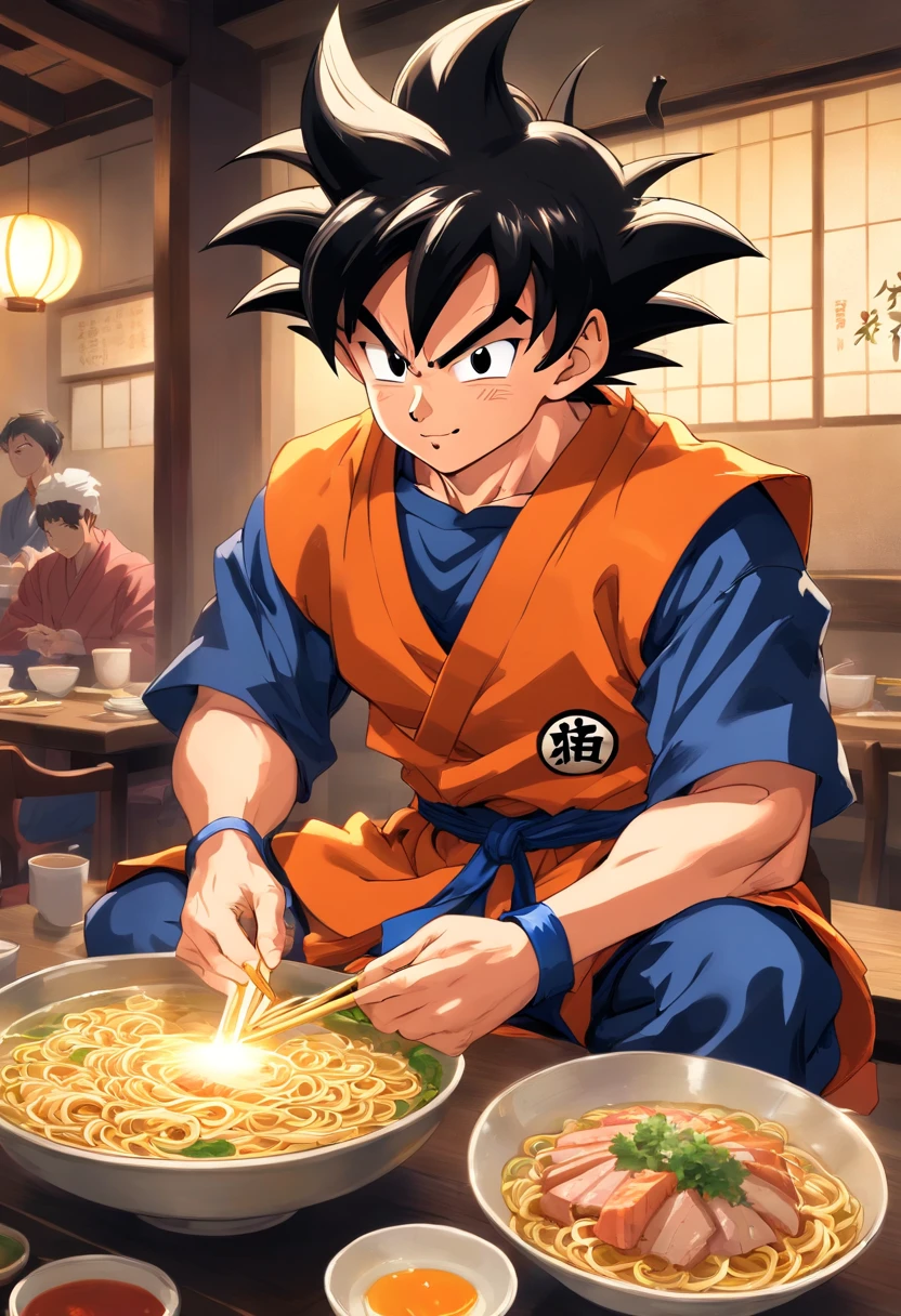 Dragon Ball Goku，ape, Full body portrait，of a real，Facial features are carefully drawn，Realistic skin texture，Dark style，depth of fields，highlight，Real Light，Ray traching，OC rendering，Hyper-realistic，best qualtiy，8K，Works of masters，super-fine，Detailed pubic hair，Correct anatomy，sharp focus on eyes，Facial features are carefully drawn. Goku enjoying Chinese noodles at a restaurant" Description: In a cozy restaurant with an oriental atmosphere, Goku, Famous Saiyan warriors, It is located in the kitchen, Surrounded by a delicious aroma. Dressed in his iconic martial arts uniform, Goku sits on a high stool in front of the kitchen counter.. Steaming Chinese noodles are placed in front of you, While dexterously holding chopsticks. With an expectant smile, Goku eagerly sets off to taste the noodles. His fellow Z warriors meet at a nearby table, Amused and observant encounters with terrestrial cuisine. Behind him, Restaurant Chef, Dressed in traditional uniform, They while he enjoys the meal、Watch with admiration the legendary fighter. The atmosphere is full of warmth and camaraderie, Despite the epic adventures that Goku and his friends face regularly. Soft lighting complements the scene, Make the colors of the ingredients and the decorations of the store shine with a cozy brightness.. This image is、It captures an unusual and relaxing moment in Goku's life, While enjoying a simple meal in the midst of his amazing achievements、Shows his most human side.