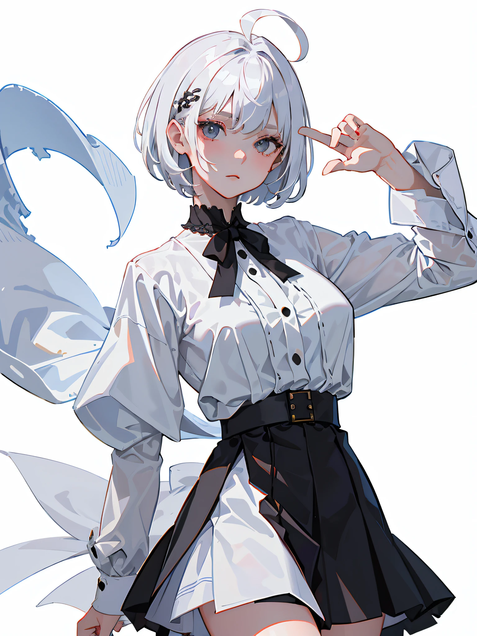((masterpiece, best quality)), (1girl), (solo), (female focus), (ahoge, white hair, short hair), black eyes, ((white shirt), (buttoned shirt)), ((black skirt), (short skirt)), standing, white background, behind arms,