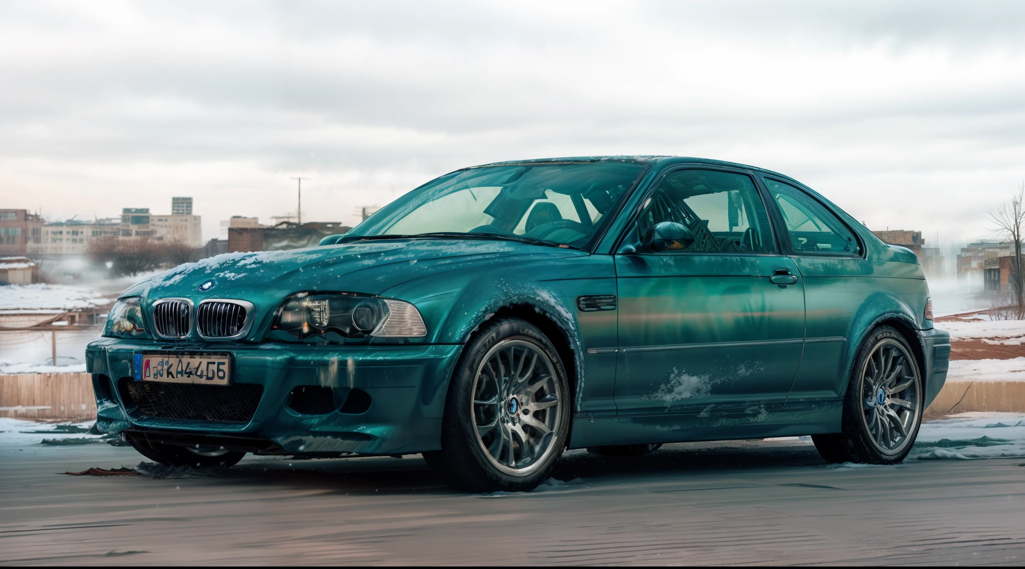 analog gloomy photo of a ( BMW_E46 ), ((speeding in an abandoned city at midnight)), (decayed and dilapidated city monoblocks in the background), (getting shot), (gunfire), ((snowing)), (horror movie), ((nighttime)), (midnight), ruins, dilapidated buildings, High Detail, Sharp focus, (photorealism), realistic, best quality, 8k, award winning, dramatic lighting, epic, cinematic, masterpiece, backlit, contrejour, rim light, ambient fog:1.4, dutch angle, depth of field, motion blur, volumetric lights,