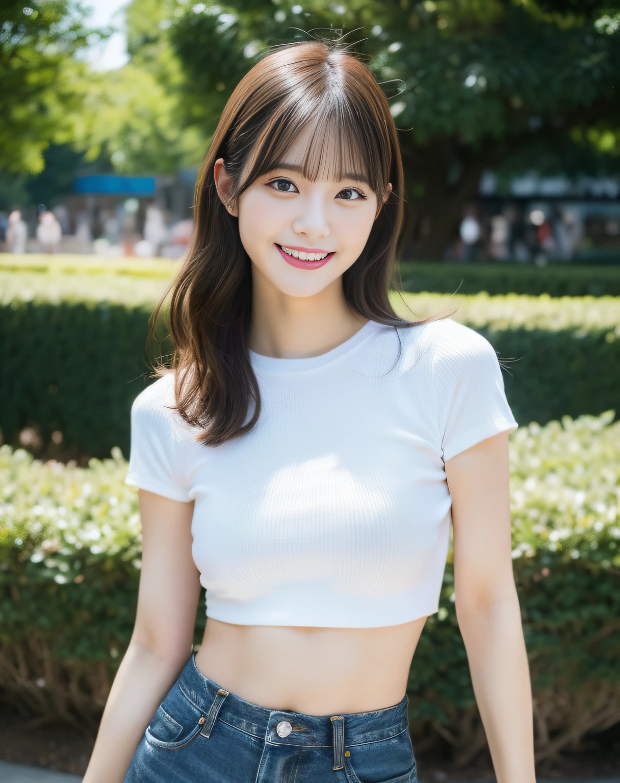 Tight denim skirt, White Cut T-Shirt, The navel is visible, Graceful figure, Coquettish, Random captivating moves, Facing the camera, Imaginative, First love、Park background、Japan Person Model、Young Sensual Gravure Idol、Young cute gravure idol、Realistic Young Gravure Idol、Realistic sensual gravure idol、Young gravure idols、sophisticated gravure idol、奈良美智、Young skinny gravure idol、beautifull asian girl ever、large boob、Toothless smile、full body Esbian、Pretty women、(dark brown  hair)、hyperdetailed face、A detailed eye、二重まぶた、blured background、(4K、RAW Photos、top-quality、masters:1.2)、(reallistic、Photorealsitic:1.37)、cute little