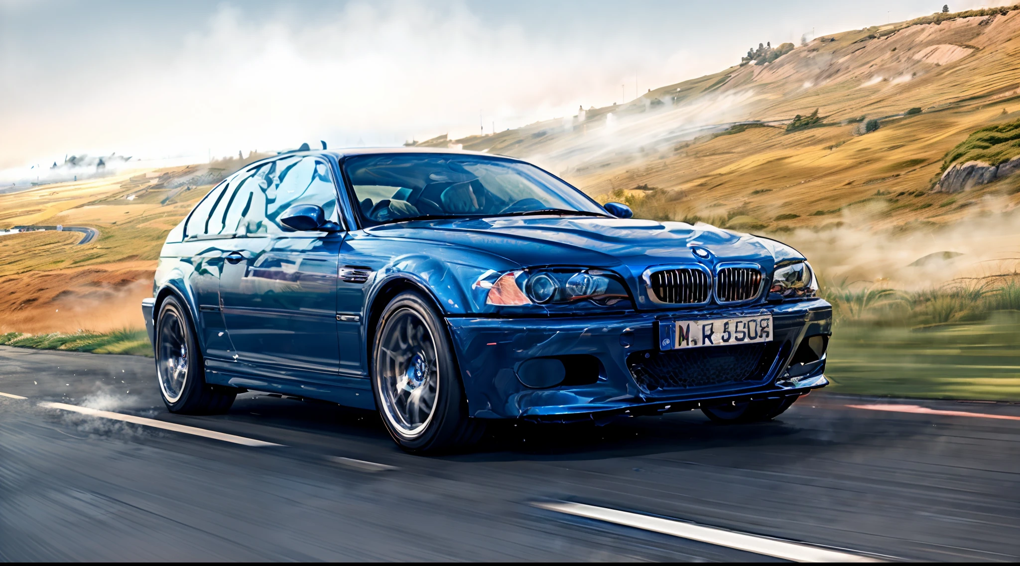 arafed view of a blue bmw car driving on a road, edited, composite, bmw, f / 1 1. 0, a wide full shot, front profile shot, “2019 bmw m5 wagon, photo mid shot, front shot, portrait shot, f / 3 2, 3840 x 2160 ,arafed image of a sports car driving on a city street, outrun art style, art deco outrun anime aesthestic, outrun style and colours, masterpiece epic retrowave art, retrowave epic art, epic retrowave art, outrun color palette, outrun style, 80s outrun, retrowave art, synthwave art style,(BMW_E46),bmw, e46,M3,masterpiece, best quality,High Detail, Sharp focus, ((photorealism)), realistic, best quality, 8k, award winning, dramatic lighting, epic, cinematic, masterpiece, depth of field, volumetric lights, (ambient fog:1.3), dutch angle, rim light, wide angle lens, steam,