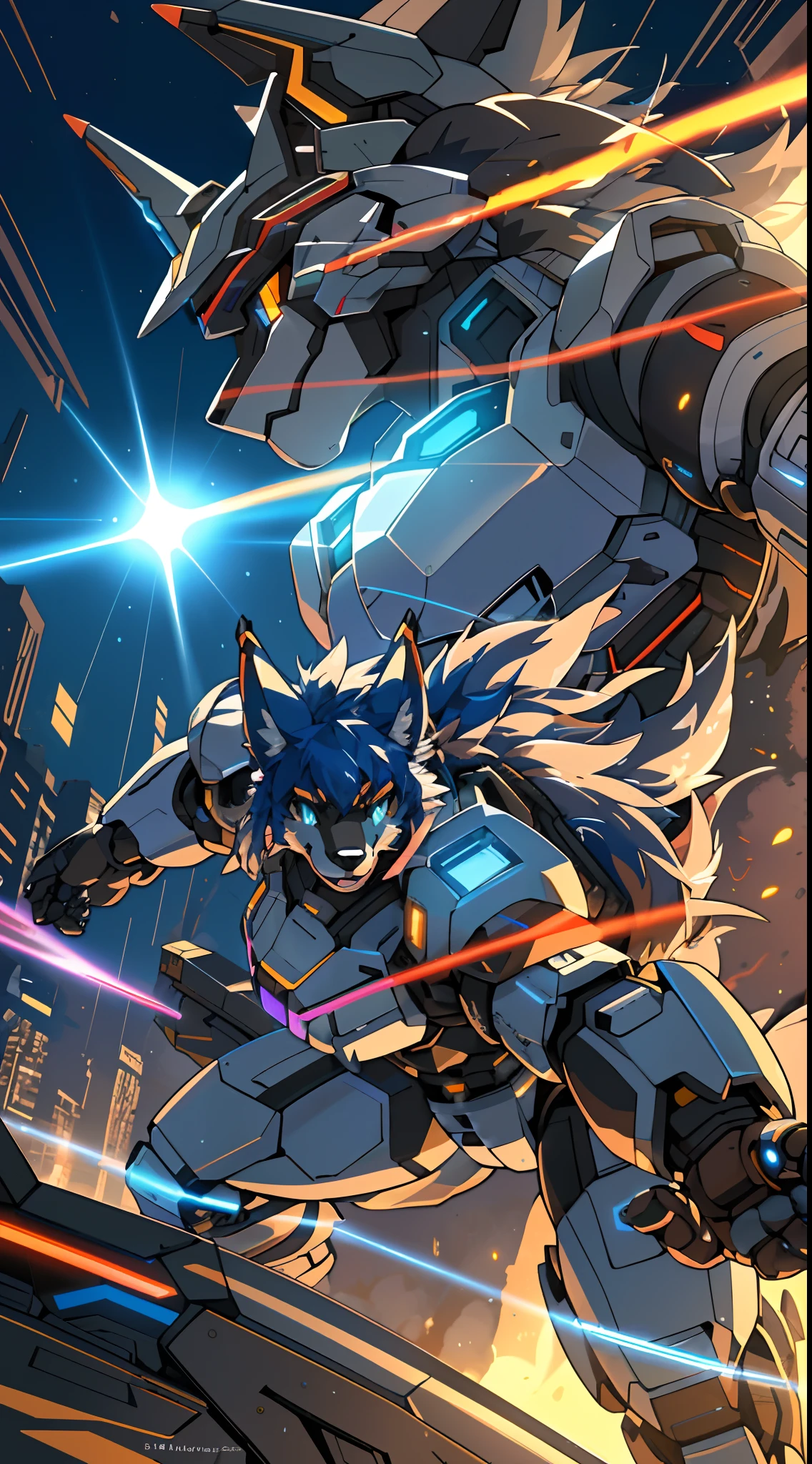 highres, top quality, best quality, paid reward available, High-quality illustrations, unparalleled masterpiece(battle movie)(furry anthro:1.7)giant robot, cyberpunk anime art, girl in mecha cyber armor, absurdres(highly detailed beautiful face and eyes)perfect anatomy, expression, caustics, dynamic lighting, lens flare, deep shadow, assorted poses, dynamic angle,