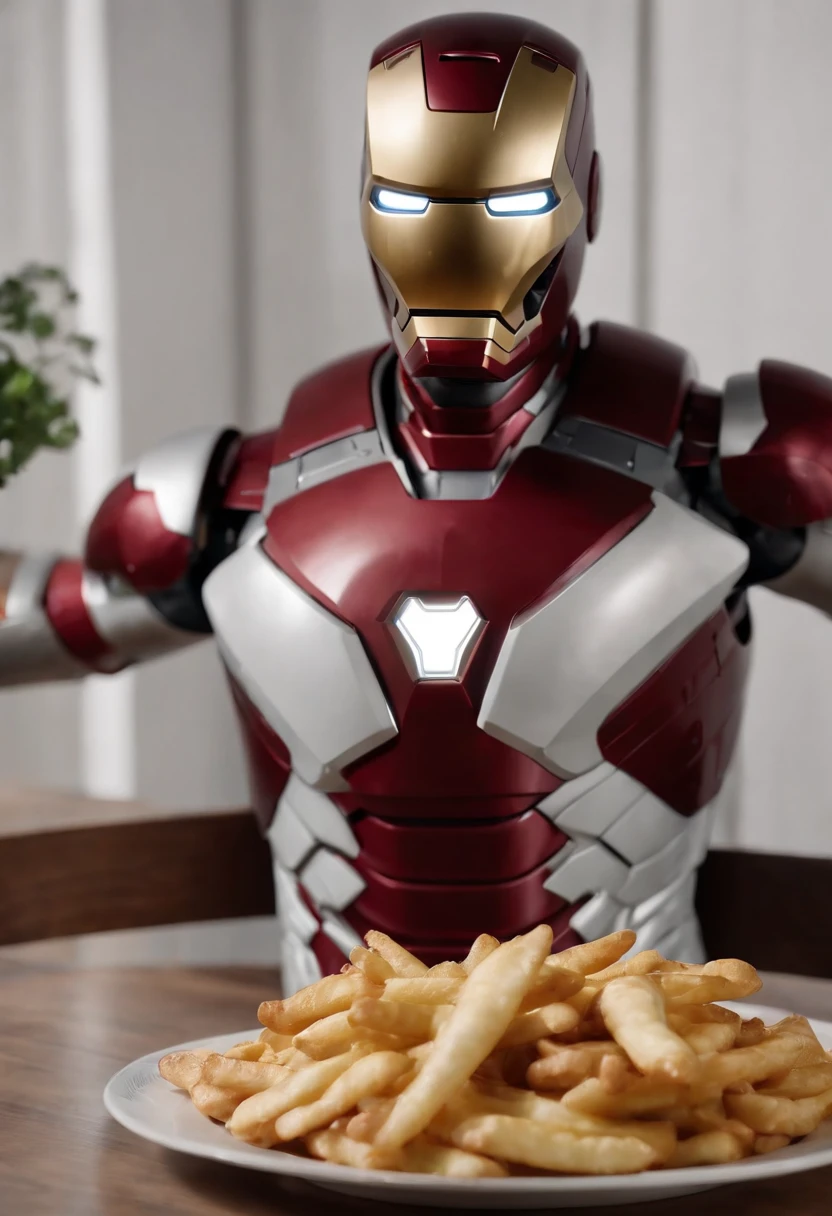 Marvel's somber half-length portrait of Iron Man behind a table with a plate of salchichas en trozos acompañado de papas fritas, with intricate angular cybernetic implants within a futuristic kitchen, cyberpunk, Foto premiada, Neon lights, cybernetic limb, obra maestra, UHD, 32K, ultrarrealista, HQ 4K, Renderizado en Unreal Engine 4K HQ, Renderizado en Unreal Engine 4K HQ, Arte conceptual 4K e hiperrealismo, Renderizado 4K detallado, Ironman, ArtStation 4K, Renderizado 4K de alto detalle, Tendencias 4K en la sede de ArtStation, Extremadamente fotorrealista