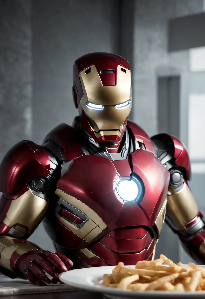 Marvel's grim portrait of Iron Man with intricate angular cybernetic implants inside a brutalist building, cocina futurista, cyberpunk, Foto premiada, Neon lights, cybernetic limb, cuerpo entero, Holding an empty plate, obra maestra, UHD, 32K, ultrarrealista, HQ 4K, Renderizado en Unreal Engine 4K HQ, Renderizado en Unreal Engine 4K HQ, Arte conceptual 4K e hiperrealismo, Renderizado 4K detallado, Ironman, ArtStation 4K, Renderizado 4K de alto detalle, Tendencias 4K en la sede de ArtStation, Extremadamente fotorrealista