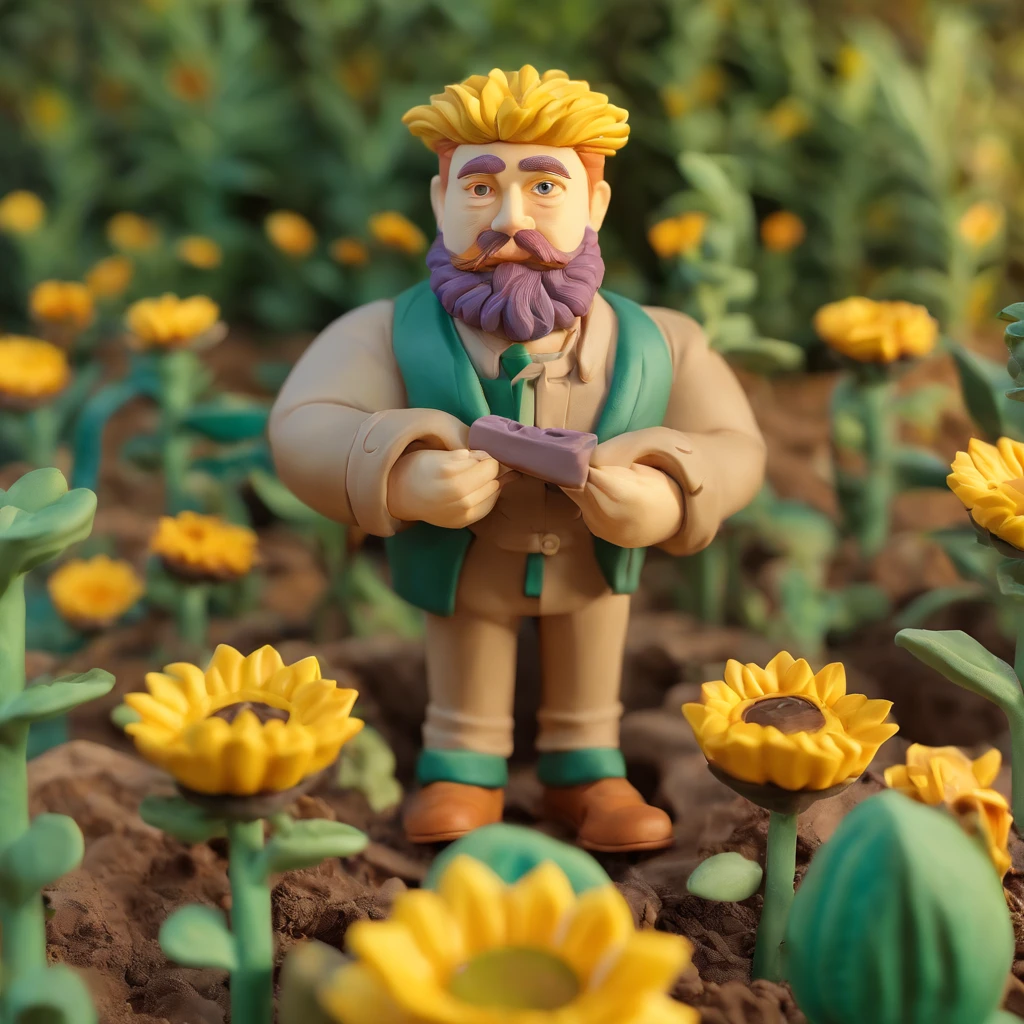 men portrait, the garden is full of sunflowers, clay material, cartoonish design style, pop mart, soft lighting, smooth lines, tilt-shift lenses, detailed science fiction illustrations, hyper-realistic details, warm color