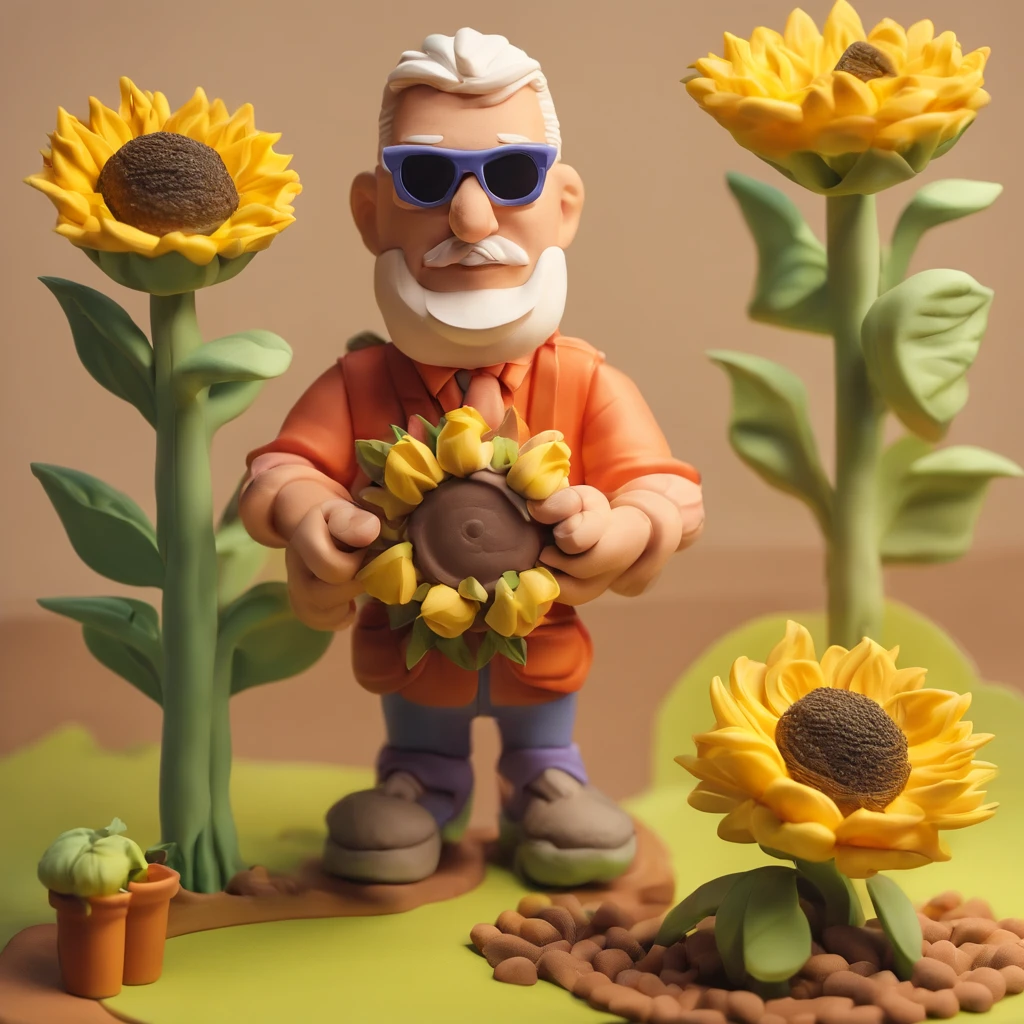 men portrait, the garden is full of sunflowers, clay material, cartoonish design style, pop mart, soft lighting, smooth lines, tilt-shift lenses, detailed science fiction illustrations, hyper-realistic details, warm color