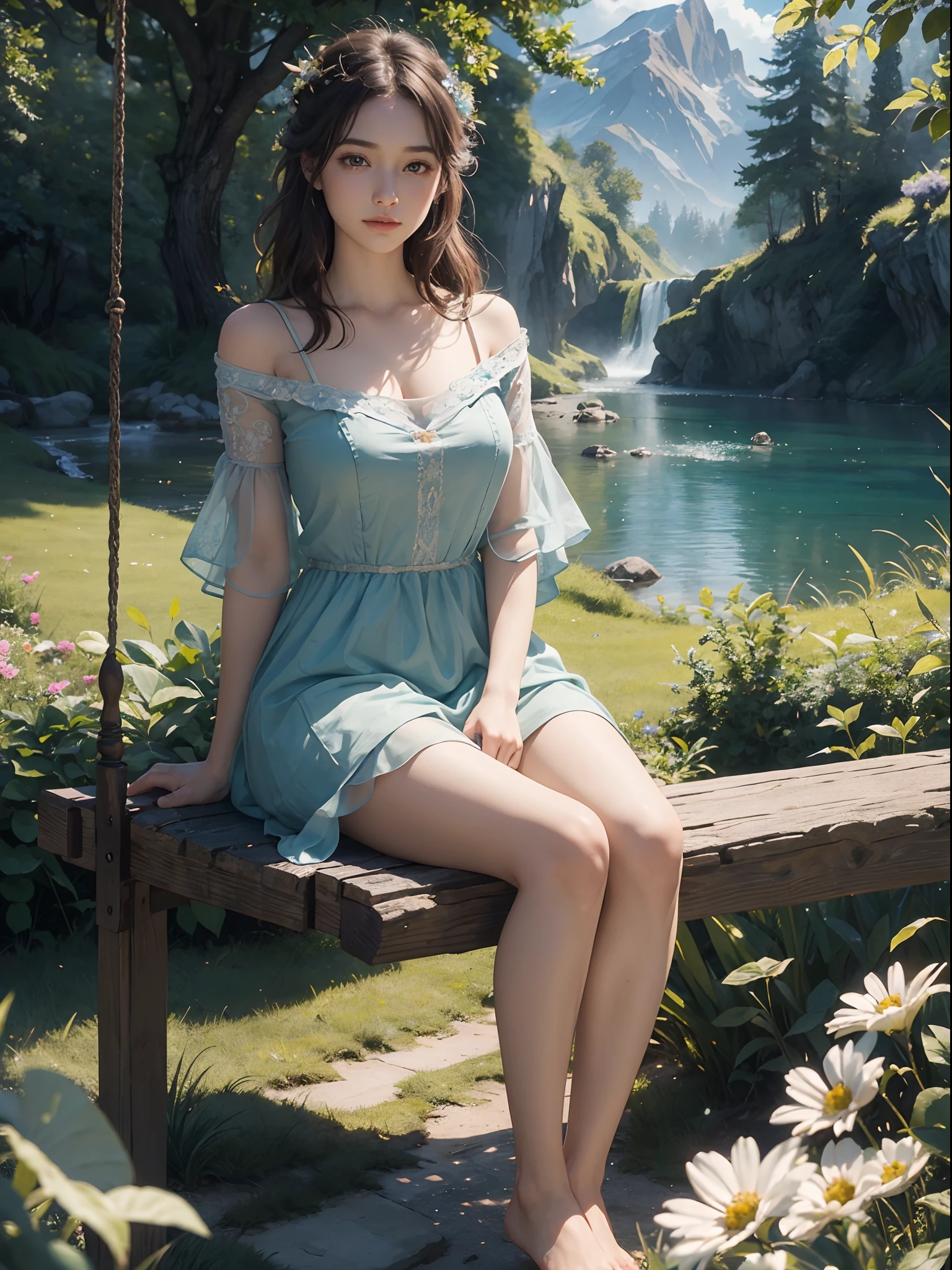 1 girl, masterpiece, best quality, best quality, Amazing, beautiful detailed eyes, finely detailed, depth of field, extremely detailed CG unity 8k wallpaper, fullbody, fantasy backdrop, intricate detail, depth of color, dramatic, side light, colorful background. beautiful detailed eyes, beautiful detailed scenery, vapor, censor, hair, censor, practical censor, beautiful view, looking at viewer, slight smile, blushing, and realistic emotion. In this exquisite masterpiece of the highest quality you will see a breathtaking scene of a lonely girl sitting on a swing in a lush green meadow. The splendor of nature envelops it: bright flowers adorn the land and high mountains form a majestic backdrop. A tranquil stream flows nearby, adding to the harmonious atmosphere. Captured from a distance, this highly detailed image offers an extremely realistic view that will immerse you in every minute of this tranquil environment. The brightness of the surroundings is a testament to the craftsmanship of the highest quality, making this a true work of art. Discover the intricate details and immerse yourself in the beauty of this idyllic moment in nature
