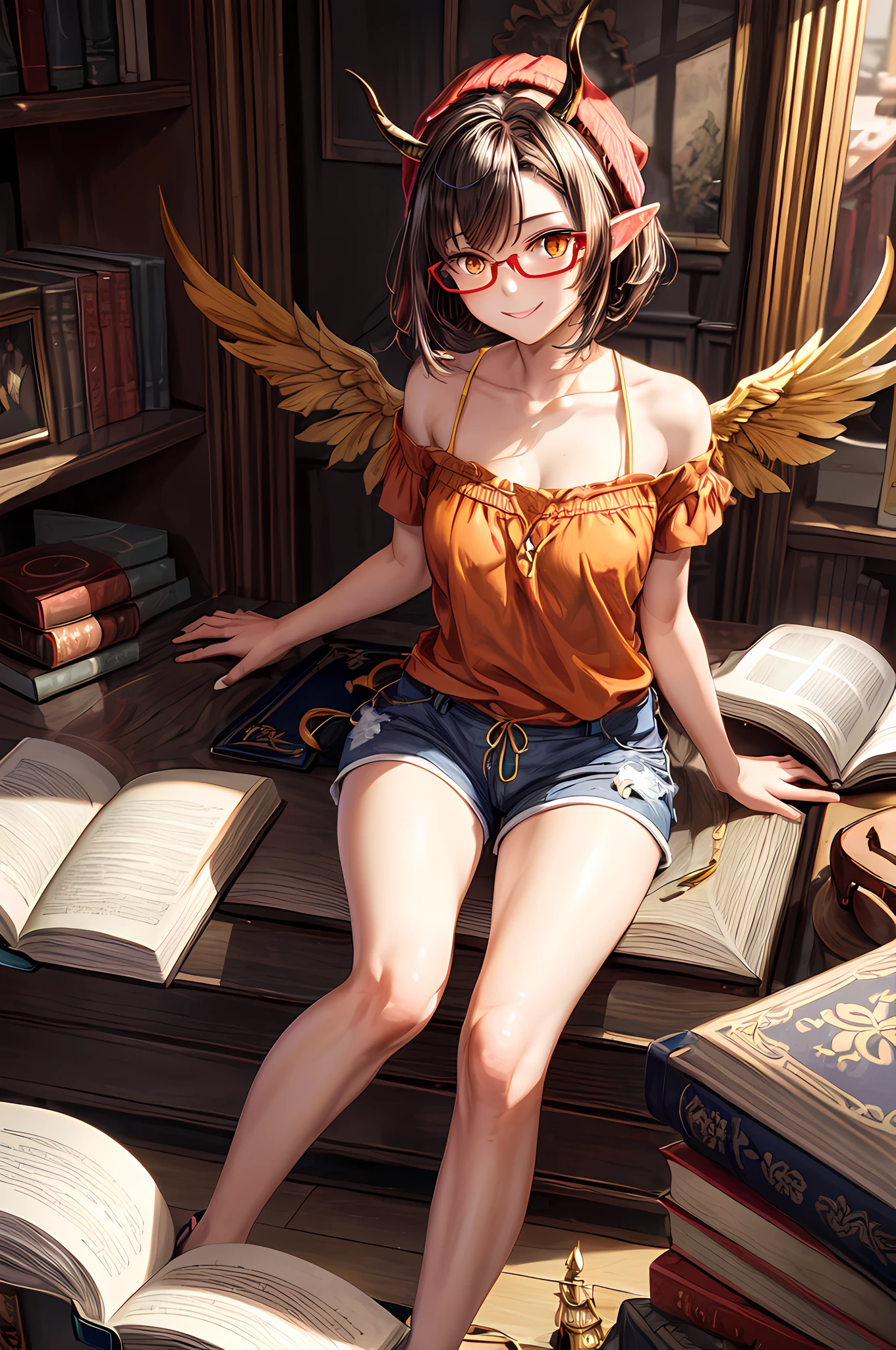 best quality,masterpiece,original,extremely detailed wallpaper,looking at viewer,1girl,solo,adult,bob cut,short hair,brown hair,light smile,orange eyes,red beanie,horns,yellow-framed eyewear,shorts,feathered wings,boxer, gold_wings,magic circle, open book,