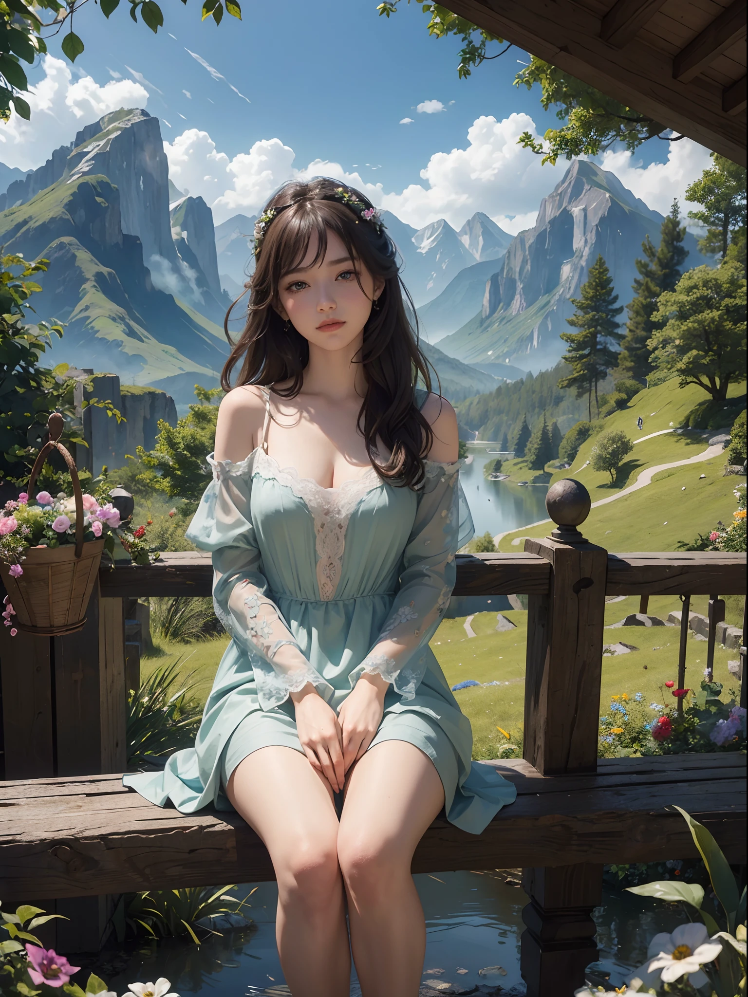 1 girl, masterpiece, best quality, best quality, Amazing, beautiful detailed eyes, finely detailed, depth of field, extremely detailed CG unity 8k wallpaper, fullbody, fantasy backdrop, intricate detail, depth of color, dramatic, side light, colorful background. beautiful detailed eyes, beautiful detailed scenery, vapor, censor, hair, censor, practical censor, beautiful view, looking at viewer, slight smile, blushing, and realistic emotion. In this exquisite masterpiece of the highest quality you will see a breathtaking scene of a lonely girl sitting on a swing in a lush green meadow. The splendor of nature envelops it: bright flowers adorn the land and high mountains form a majestic backdrop. A tranquil stream flows nearby, adding to the harmonious atmosphere. Captured from a distance, this highly detailed image offers an extremely realistic view that will immerse you in every minute of this tranquil environment. The brightness of the surroundings is a testament to the craftsmanship of the highest quality, making this a true work of art. Discover the intricate details and immerse yourself in the beauty of this idyllic moment in nature