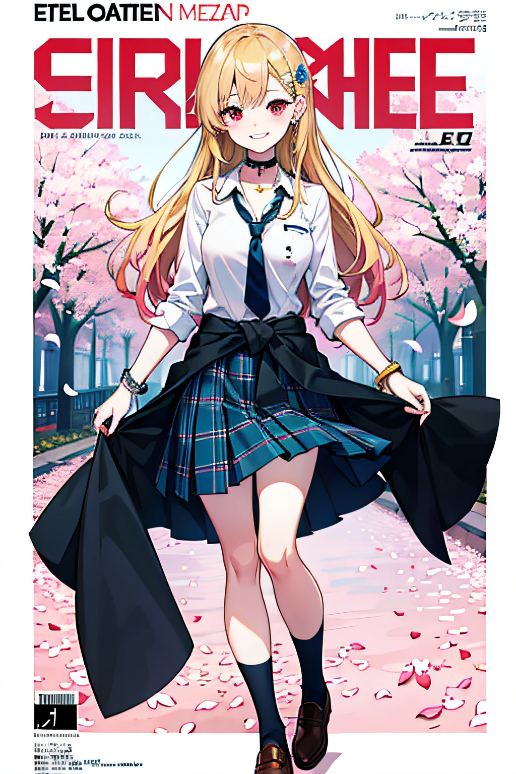 masterpiece, best quality, full body, 1girl, bangs, black choker, black necktie, blonde hair, blue skirt, blush, bracelet, breasts, choker, clothes around waist, collarbone, collared shirt, cowboy shot, dress shirt, ear piercing, eyebrows visible through hair, gradient hair, grin, gyaru, jewelry, kogal, long hair, looking at viewer, loose necktie, necktie, piercing, plaid, plaid skirt, pleated skirt, red eyes, ring, school uniform, shirt, skirt, smile, solo, white shirt, street, sky, cherry blossoms, petals,illustration, (magazine:1.3), (cover-style:1.3), fashionable, woman, vibrant, outfit, posing, front, colorful, dynamic, background, elements, confident, expression, holding, statement, accessory, majestic, coiled, around, touch, scene, text, cover, bold, attention-grabbing, title, stylish, font, catchy, headline, larger, striking, modern, trendy, focus, fashion,